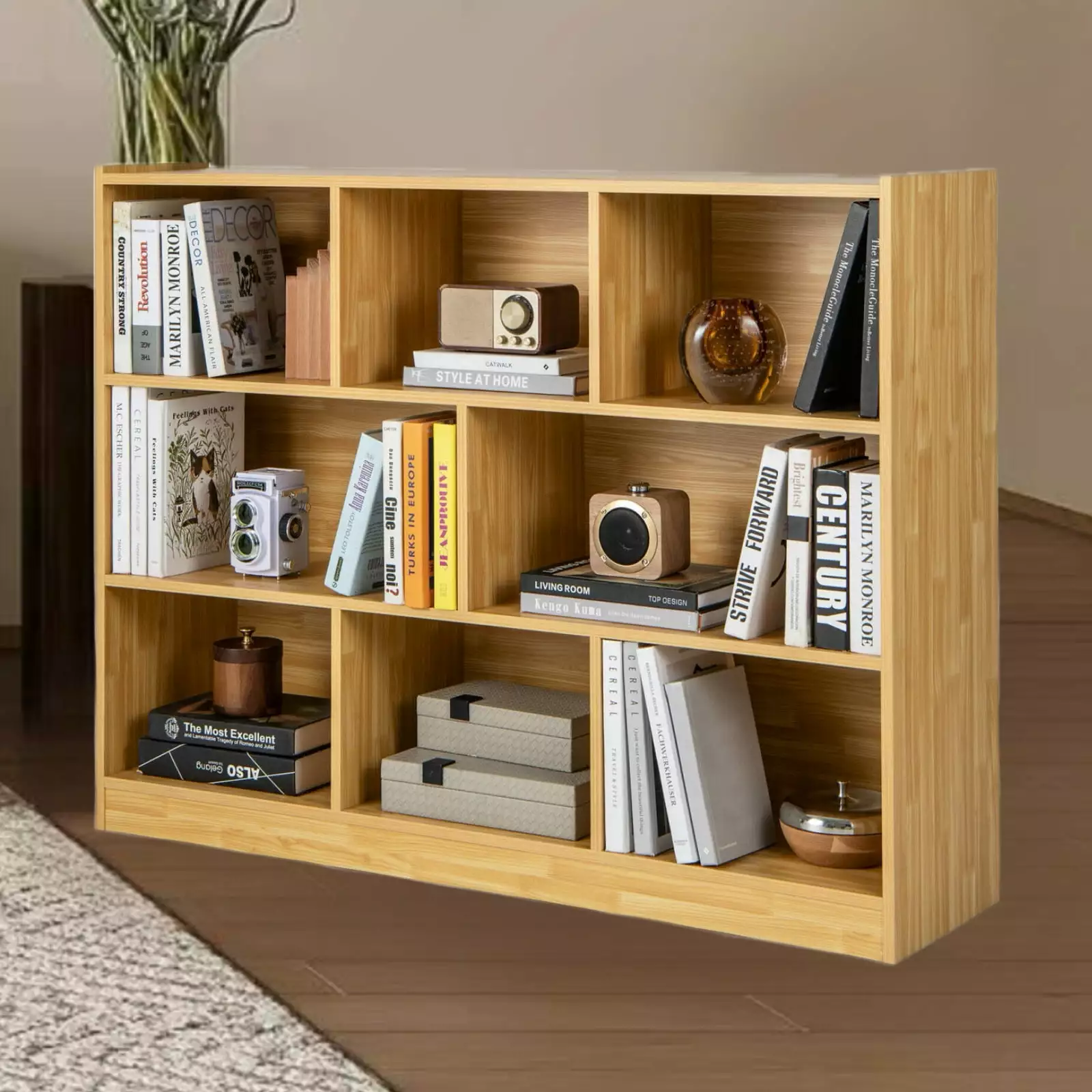 Amijoy 3-Tier Open Bookcase 8-Cube Floor Standing Display Cabinet Shelves Burlywood