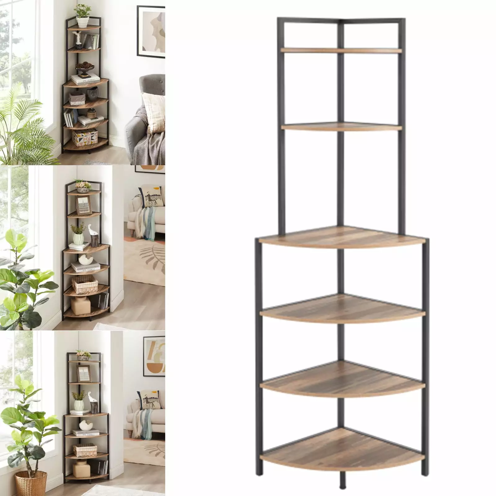 6 Tier Corner Open Shelf Modern Bookcase Wood Rack Freestanding Shelving Unit Living Room Home Office Kitchen Rustic Brown...
