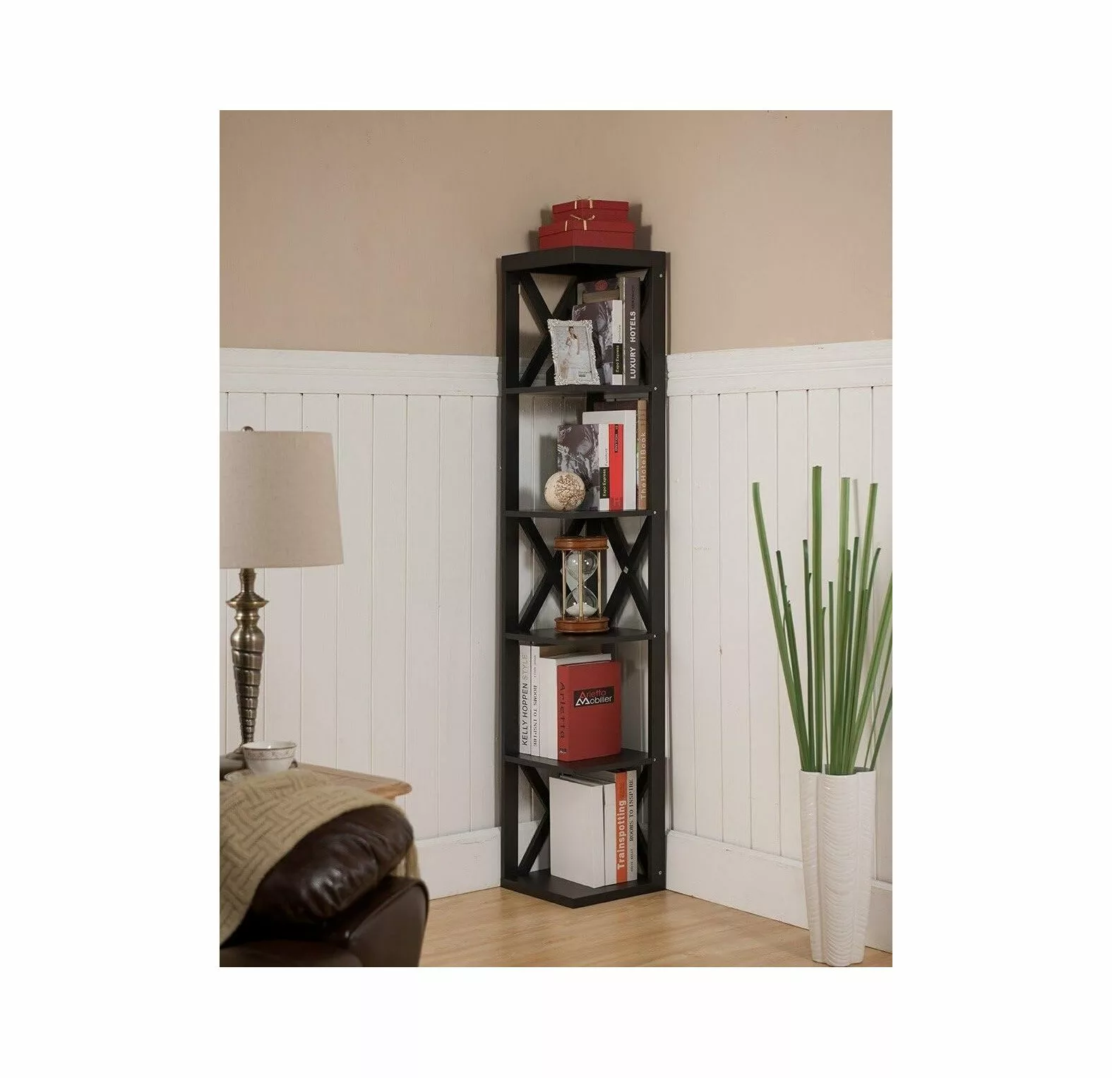 6-Tier Corner Open Shelf Modern Bookcase Wood Rack Freestanding Shelving Unit Living Room Home Office Kitchen Rustic Brown...