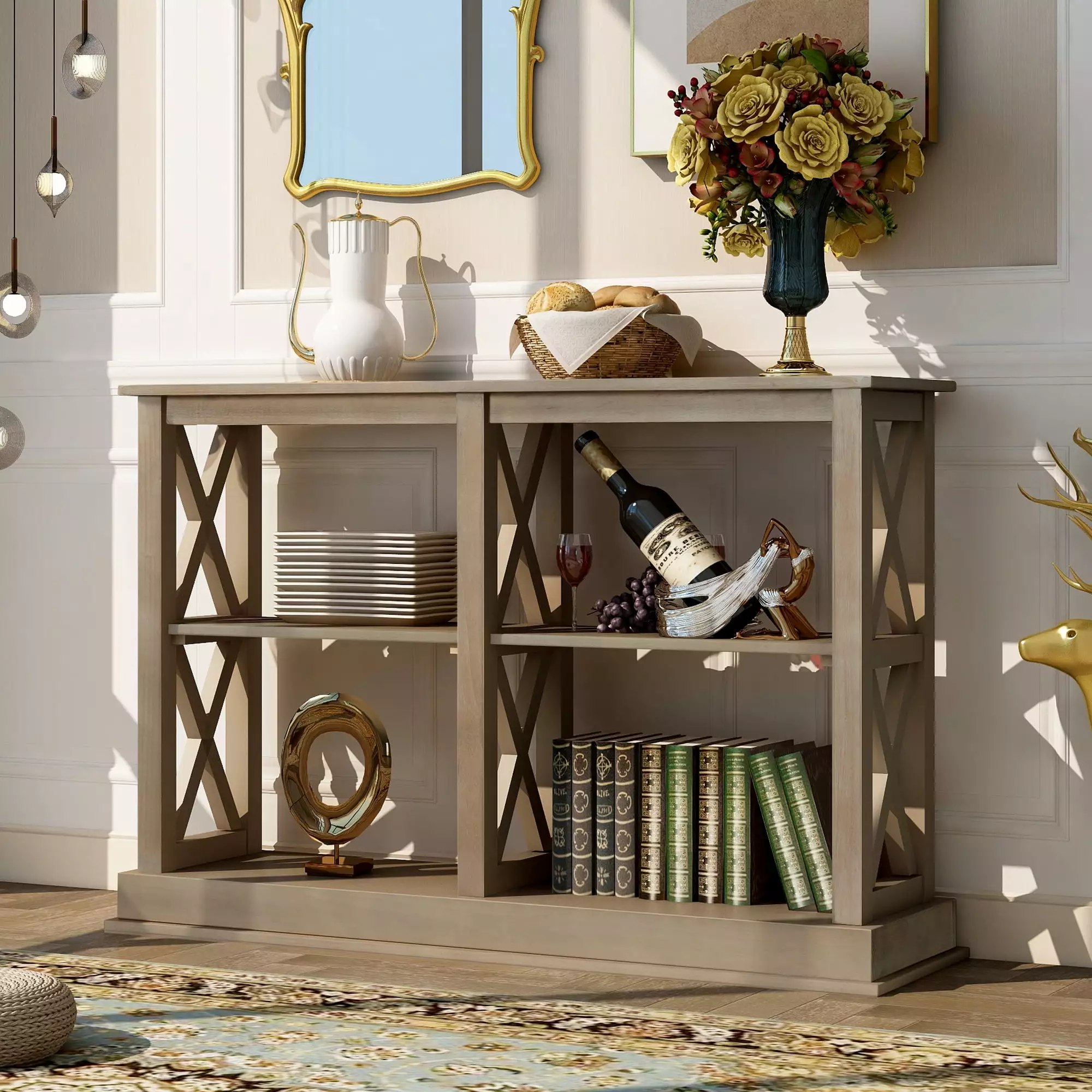 White Wash 3-Tier Open Storage Console Table X Legs Hallway Console CNCJ