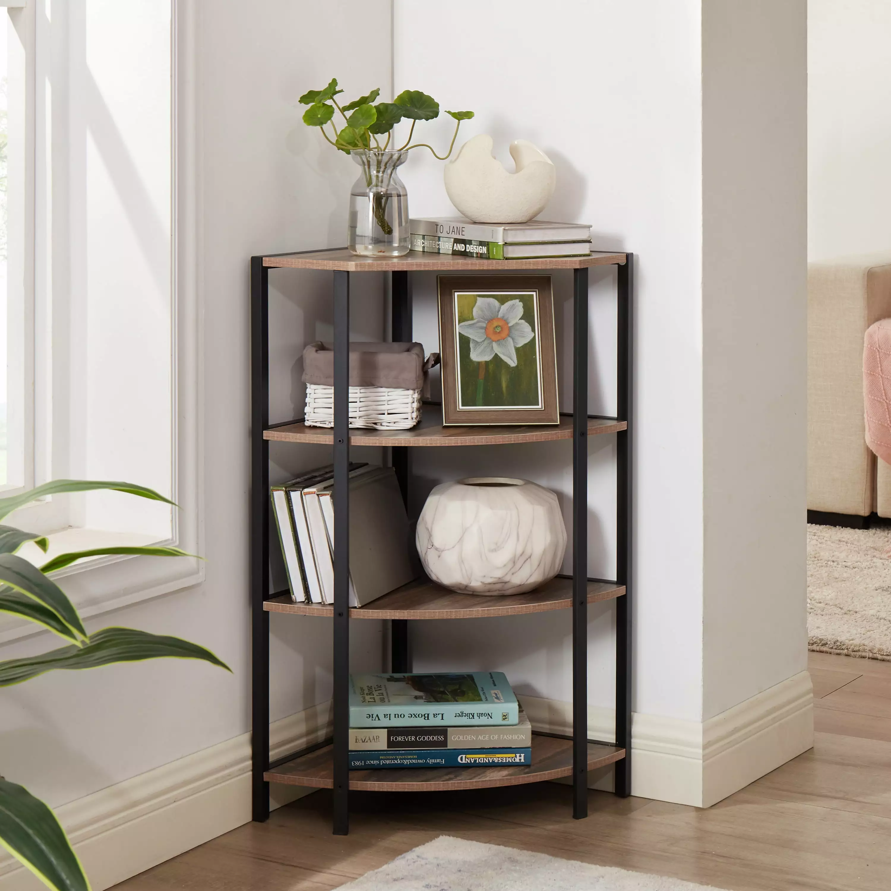 4 Tier Corner Open Shelf Bookcase Freestanding Shelving Unit Plant Stand Small Bookshelf Living Room Home Office Kitchen S...
