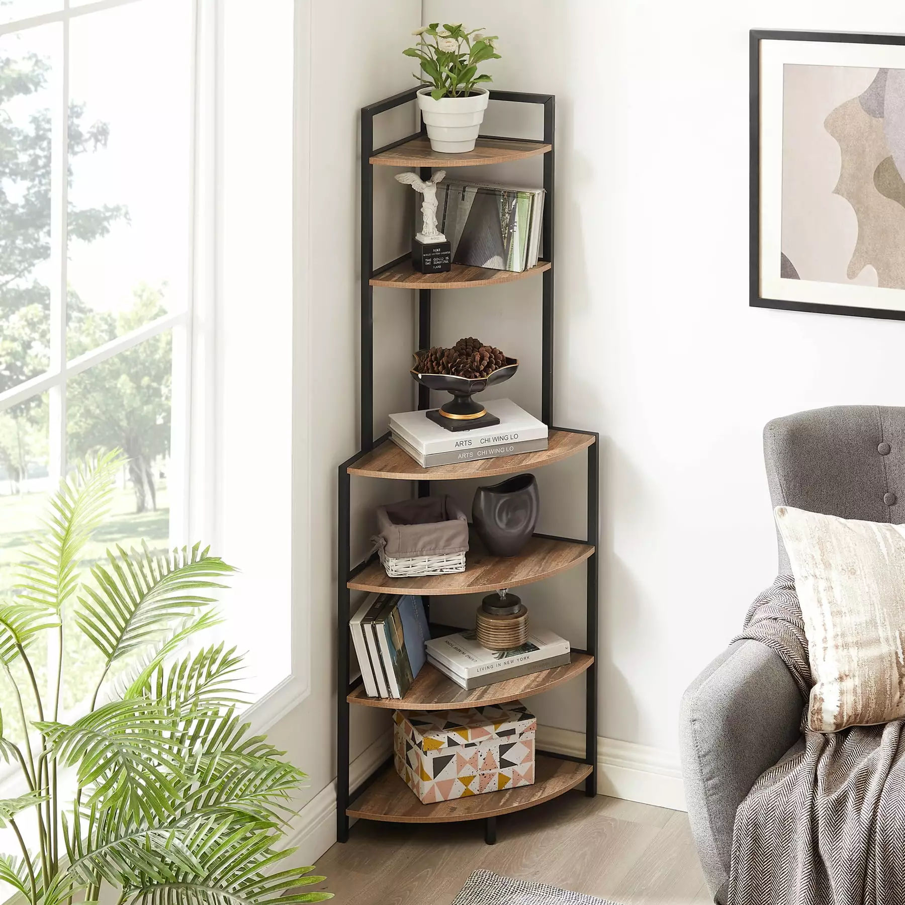 Adigau 6-Tier Open Shelf Corner Bookshelf Freestanding Shelf Unit Bookcase Rustic Brown
