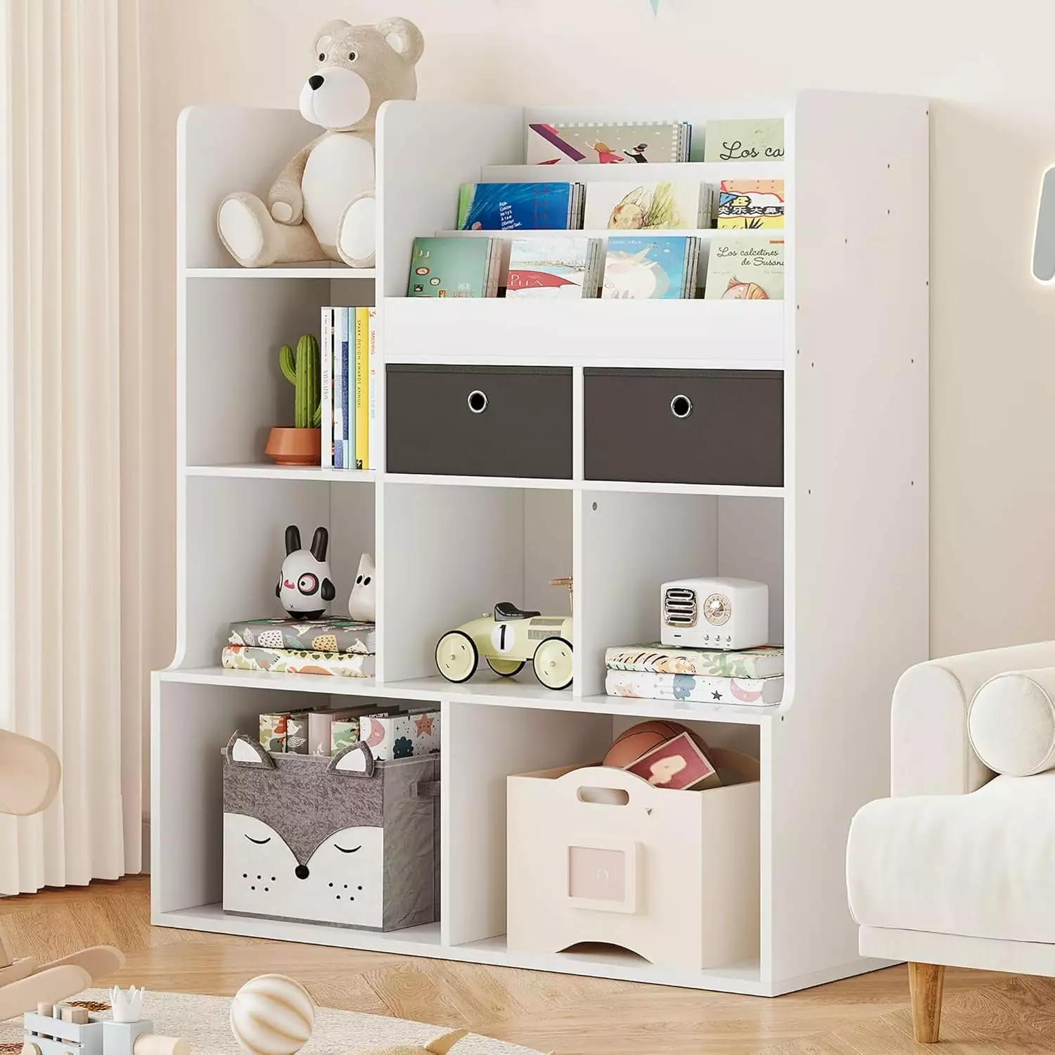 Large Kids Bookshelf 7 Open Storage Apartments - White Toddler Storage Bookcase Bedroom, Living Room, and Playroom Hupicker