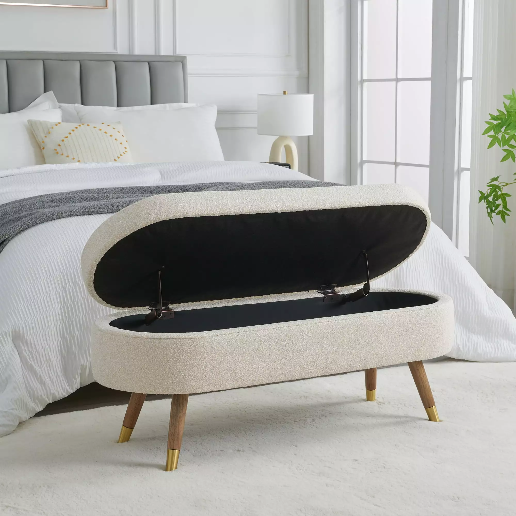 Upholstered Boucle Ottoman Storage Bench Golden Metal Legs Bedroom Living Room Entryway Beige Benches Ghislaine