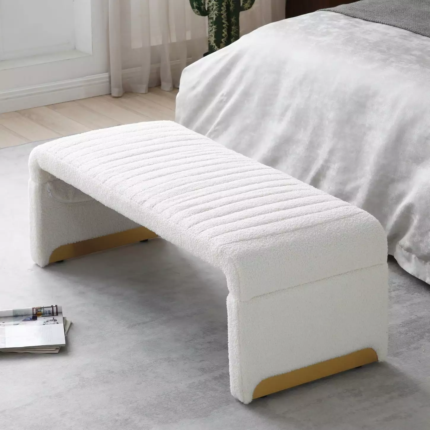 Luxurious Beige 47.2 Modern Ottoman Bench Sherpa Upholstered Footrest Entryway Shoe Bench Benches HATNOKIL