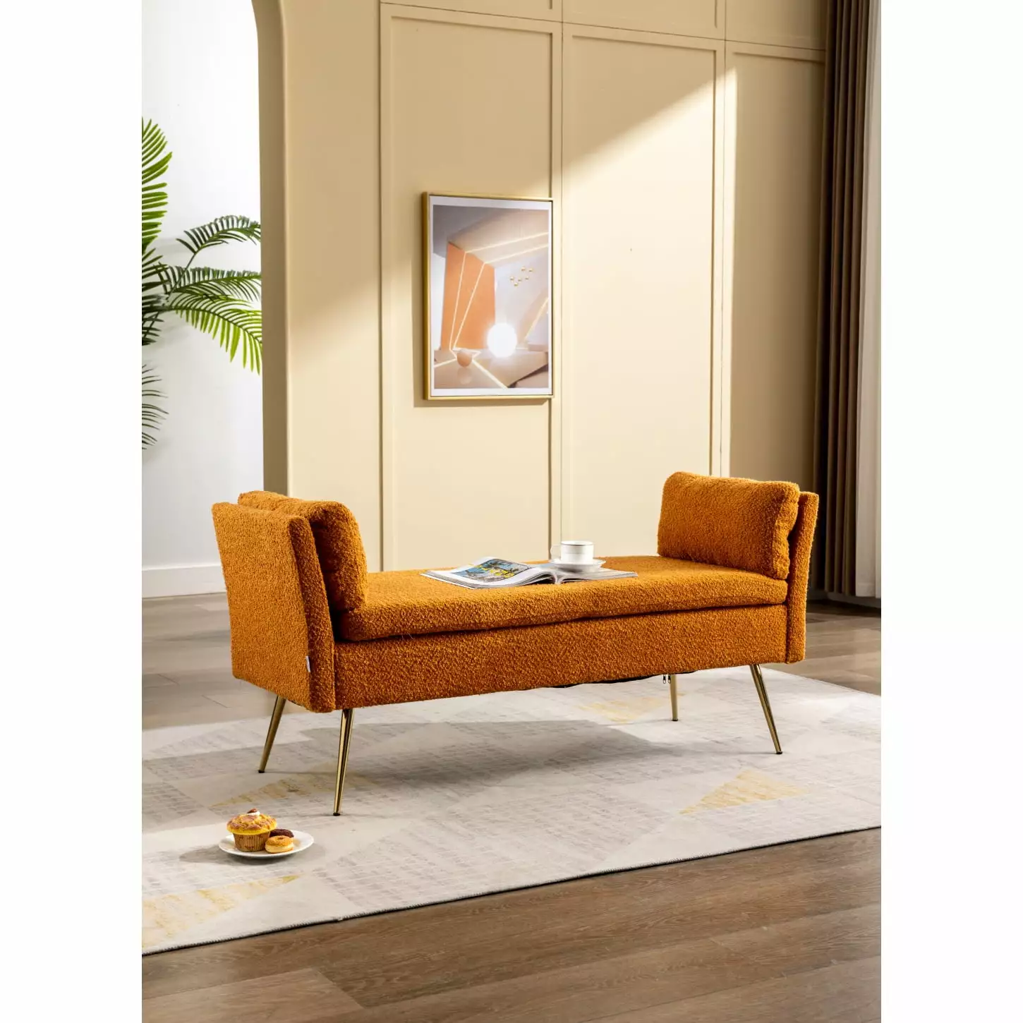 Sophisticated Orange Boucle Upholstered Storage Ottoman Bench Golden Metal Legs Benches HATNOKIL