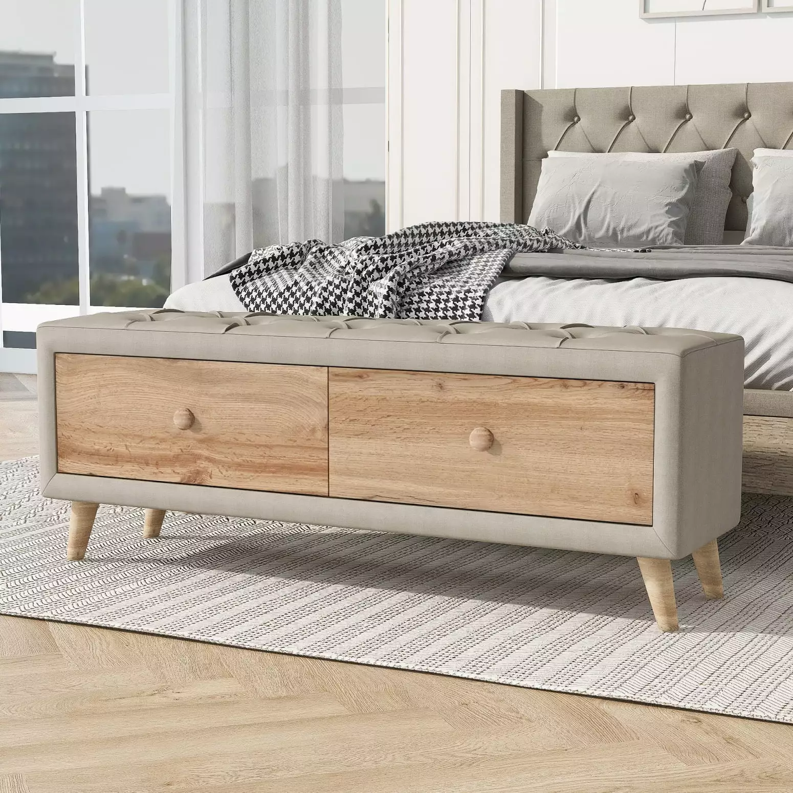 Unique Beige Upholstered Wooden Storage Ottoman Bench Two Drawers and Padded Seat Benches HATNOKIL