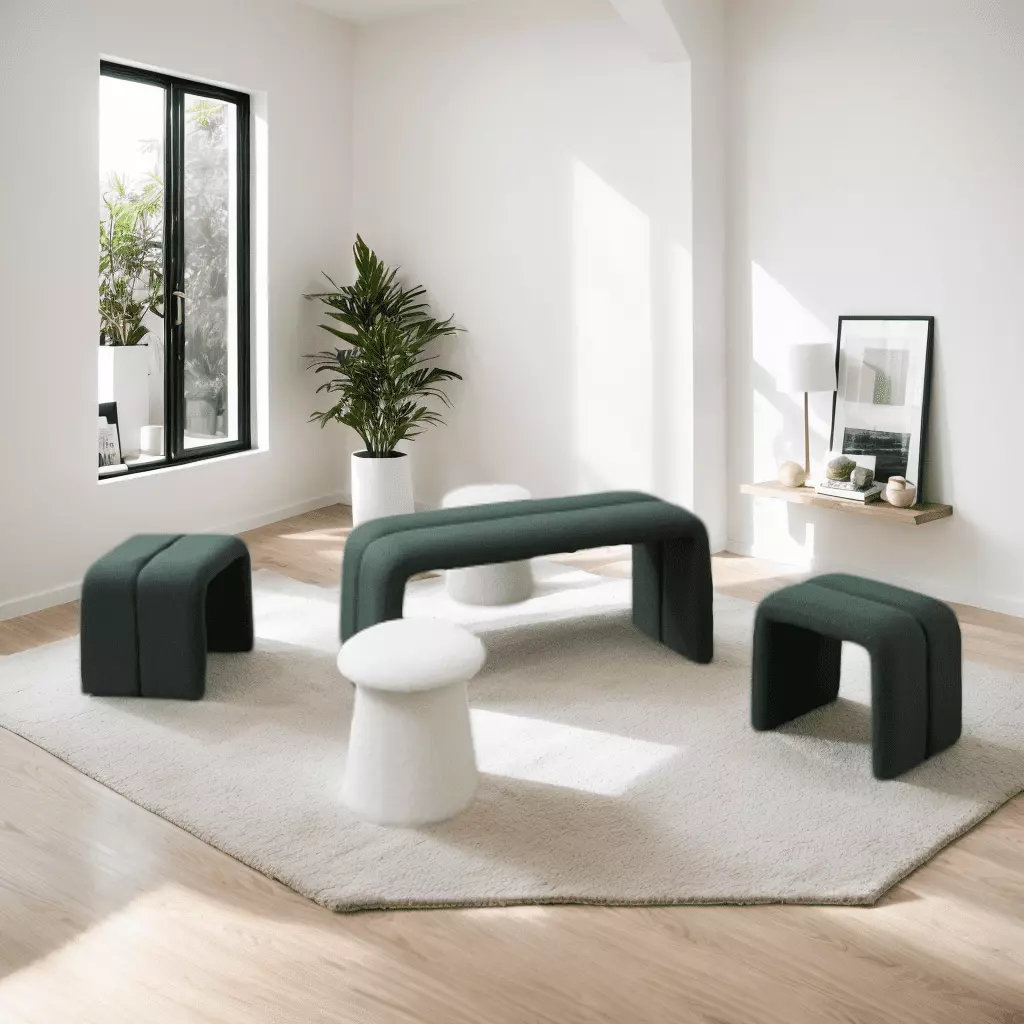 Modern Ottoman Bench Set Upholstered Deep Green U-Shape and White Mushroom-like Ottoman 4 Piece Set Benches HD JUNTUNKOR