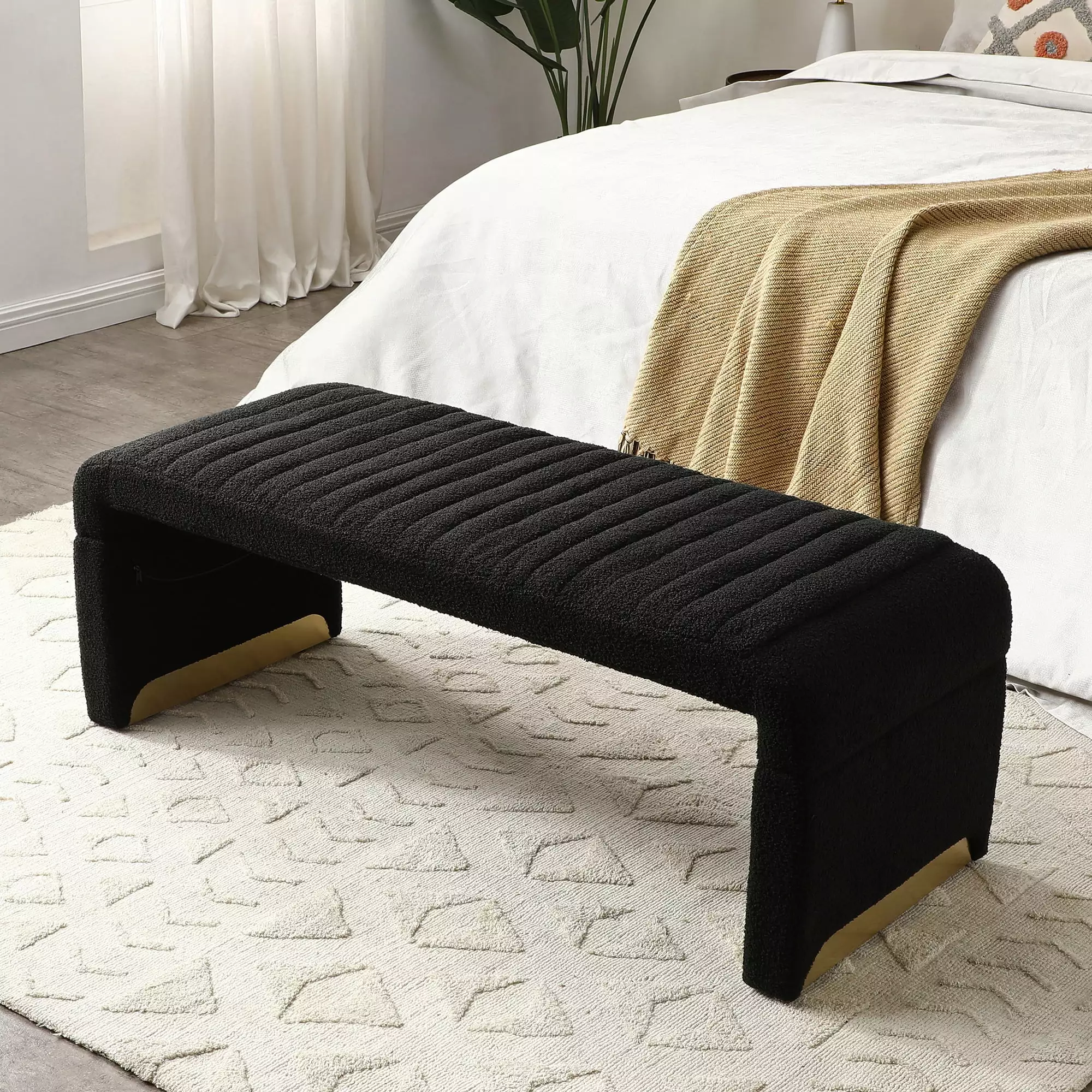 47.2 Width Modern Ottoman Bench Upholstered Sherpa Fabric End Bed Bench Shoe Bench Footrest Black Benches None