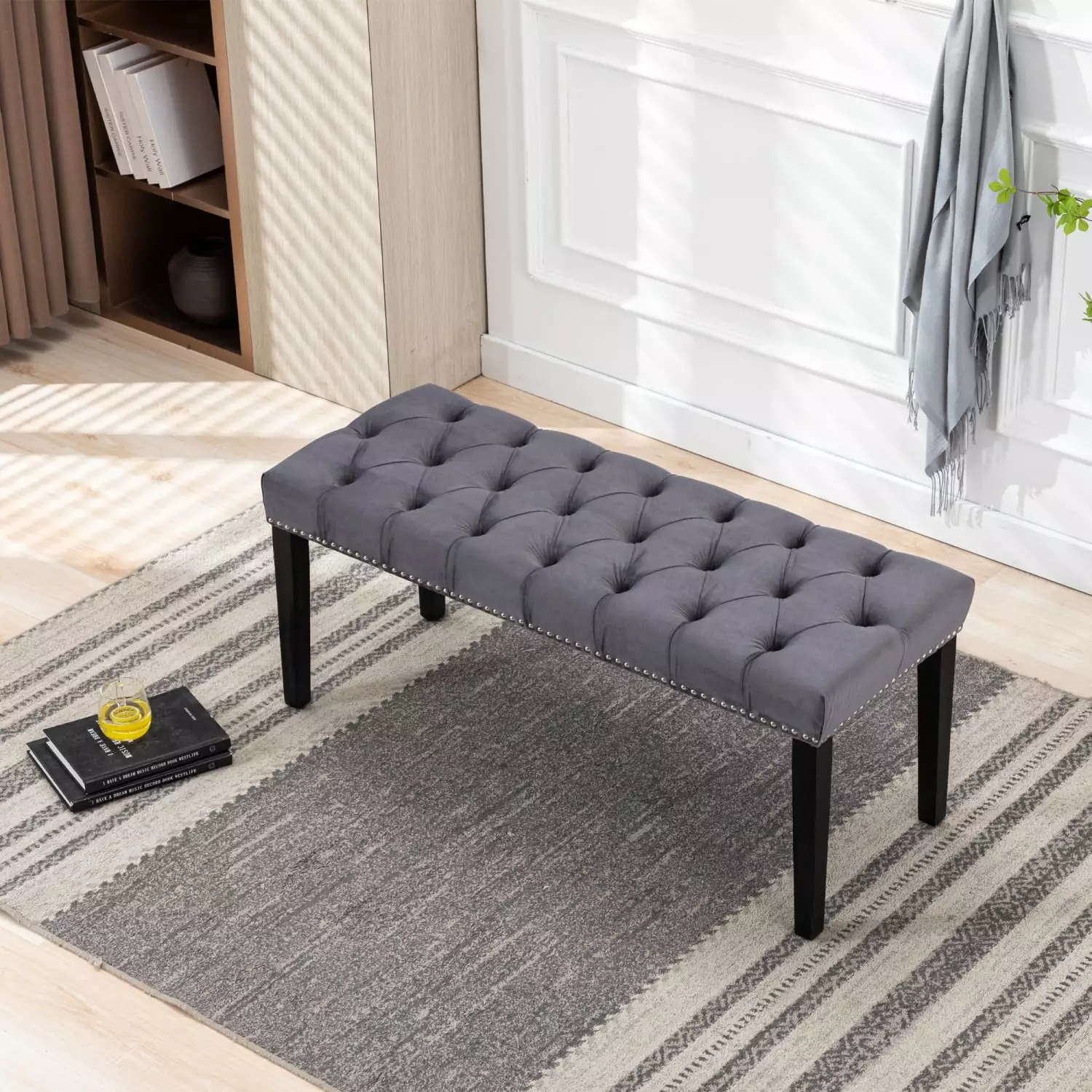 Upholstered Tufted Bench Ottoman Velvet Dining Bench Dark Gray Entryway Bedroom Furniture Benches Ponnky