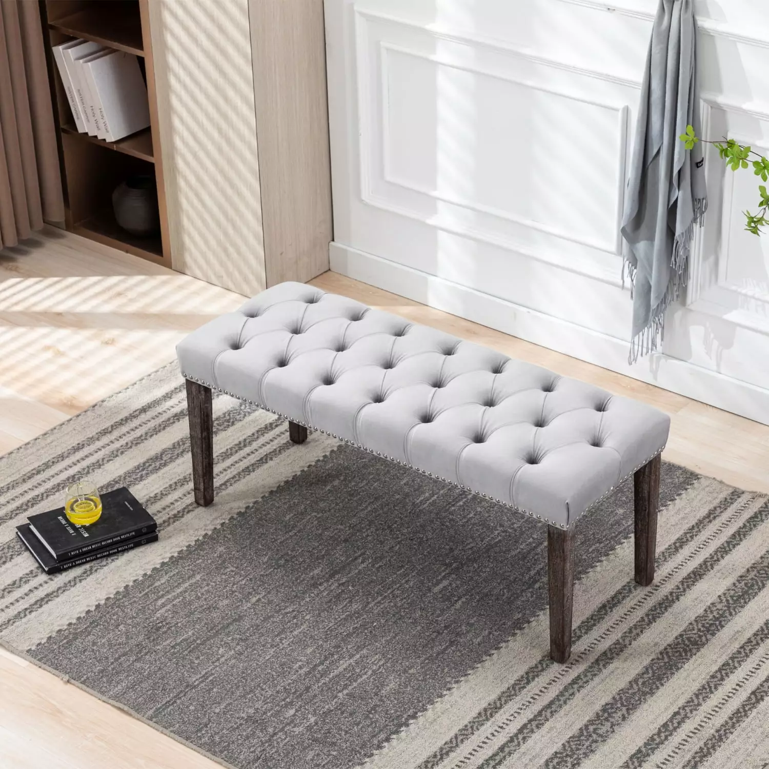 Upholstered Tufted Bench Ottoman Velvet Dining Bench Light Gray Entryway Bedroom Furniture Benches Ponnky