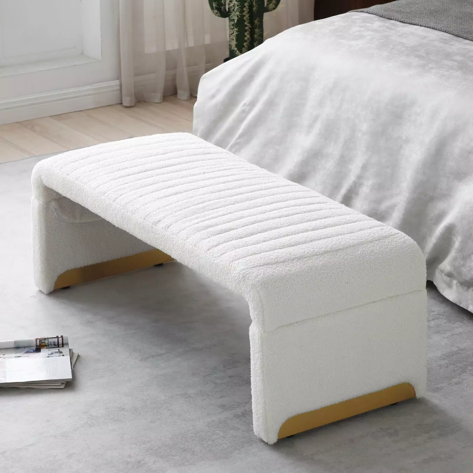 Beige 47.2 Modern Ottoman Bench Luxurious Sherpa Upholstered Footrest Entryway Shoe Bench Benches Wodine