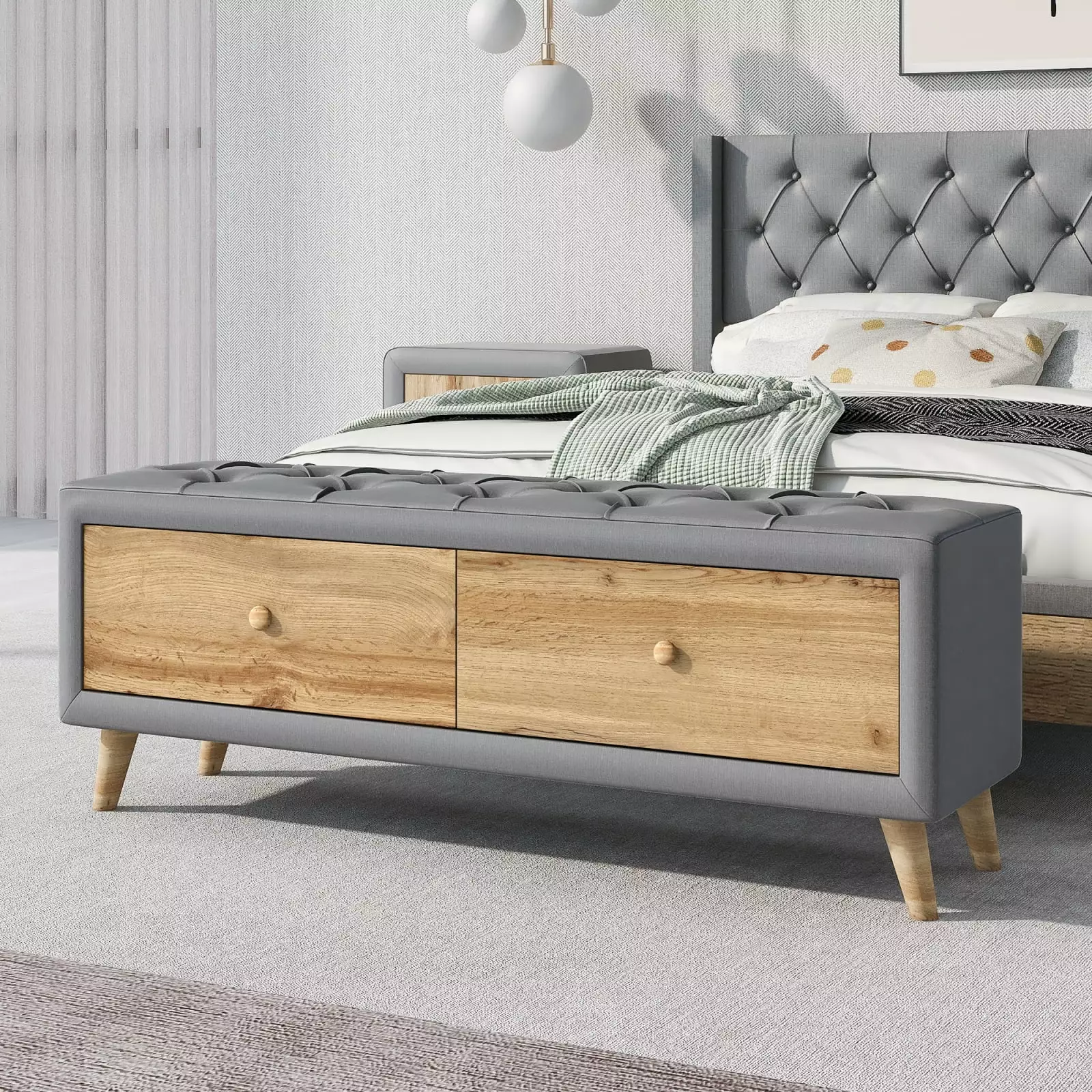 Gray Upholstered Wooden Storage Ottoman Bench 2 Drawers and Sturdy Rubberwood Legs Benches Wodine