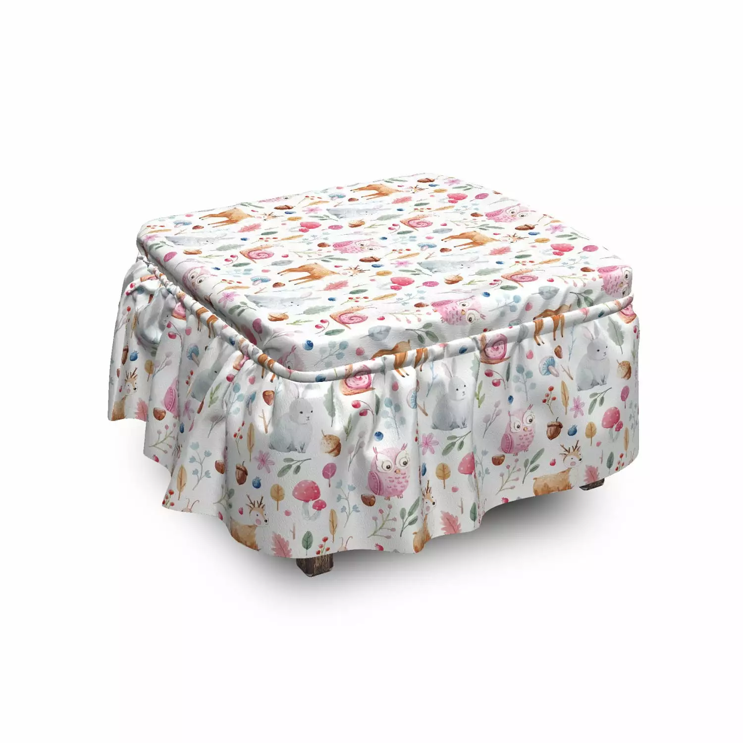 Ambesonne Nursery Ottoman Cover 2 Piece Slipcover Set Ruffle Skirt Square Round Cube Footstool Deer Snail Owl Multicolor O...