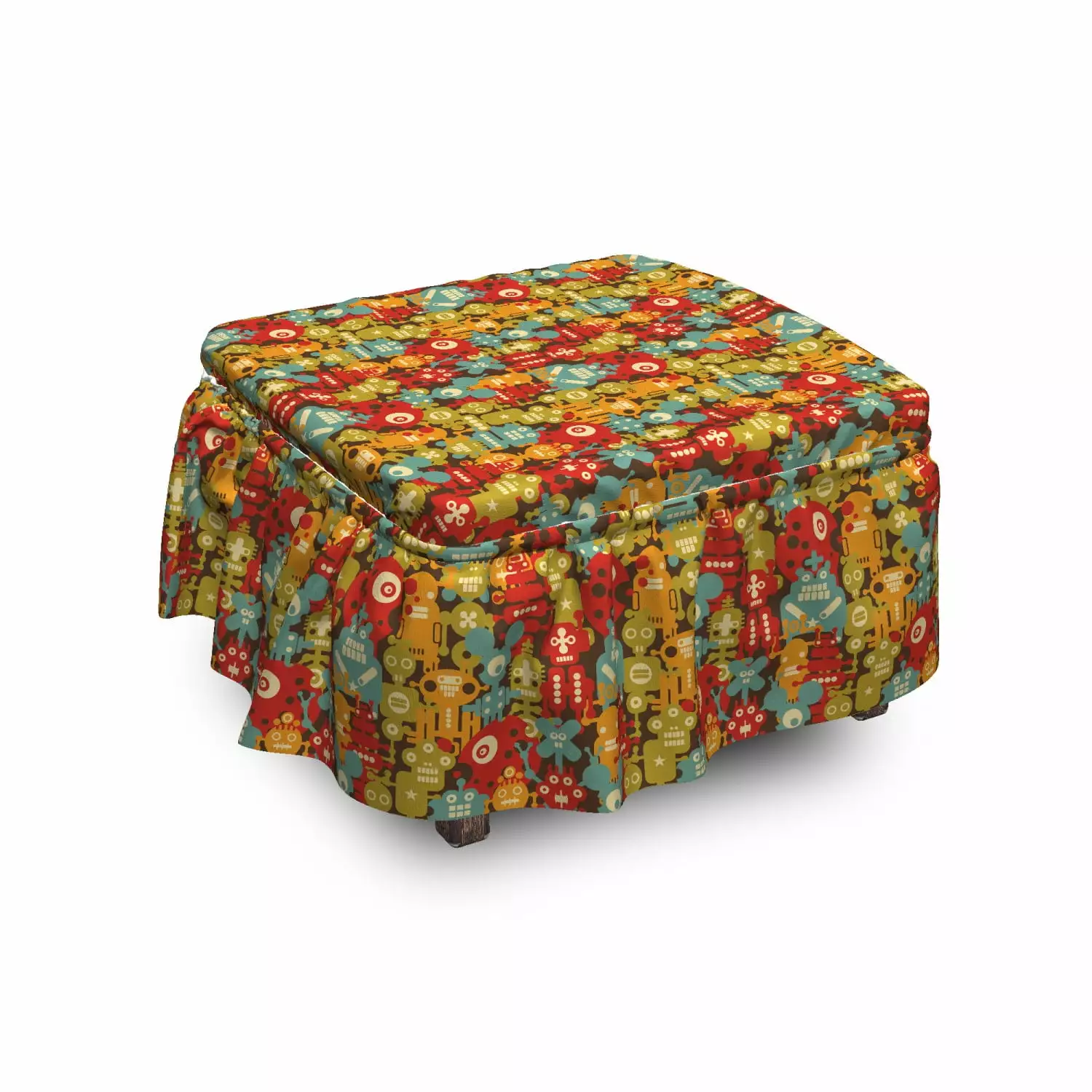 Ambesonne Nursery Ottoman Cover 2 Piece Slipcover Set Ruffle Skirt Square Round Cube Footstool Fantasy Alien Robots Multic...