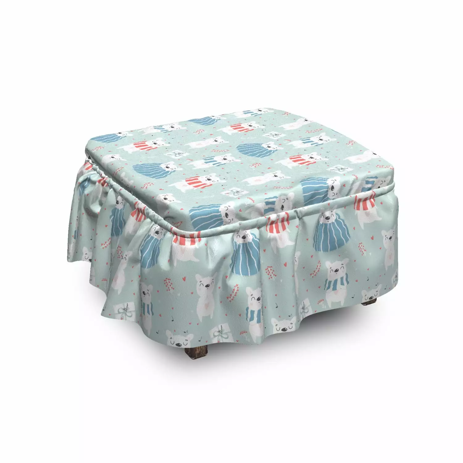 Ambesonne Nursery Ottoman Cover 2 Piece Slipcover Set Ruffle Skirt Square Round Cube Footstool Polar Bears Pale Blue Coral...