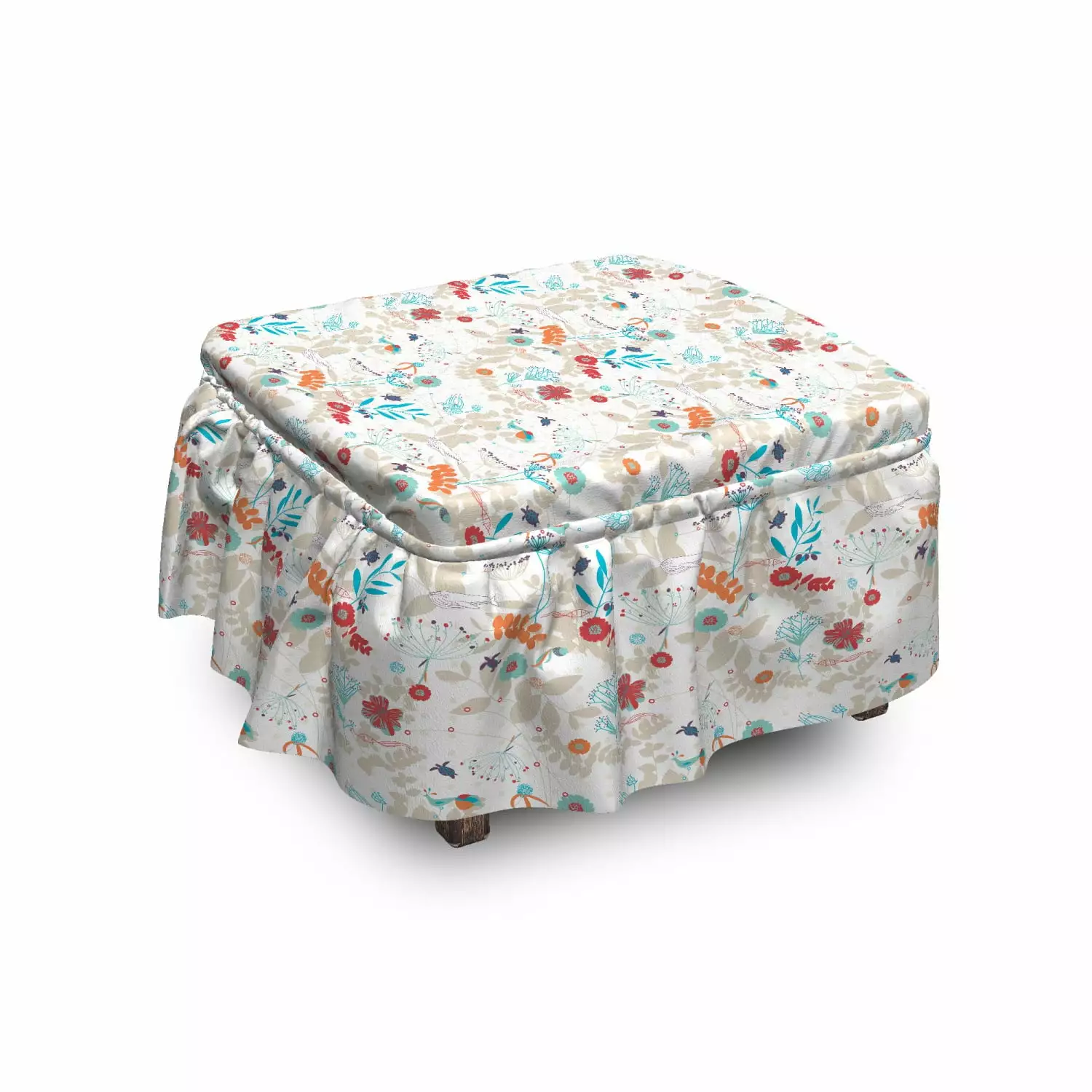 Botanical Ottoman Cover Nursery Style 2 Piece Slipcover Set Ruffle Skirt Square Round Cube Footstool Ottomans Ambesonne