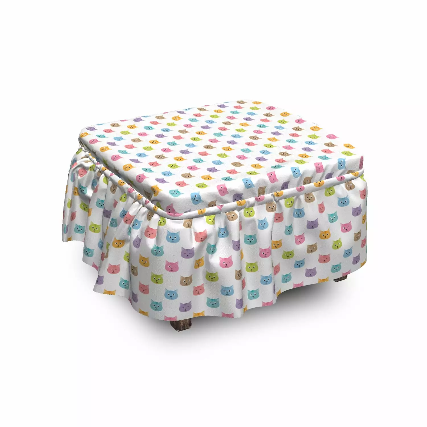 Cat Ottoman Cover Colorful Faces Kids Nursery 2 Piece Slipcover Set Ruffle Skirt Square Round Cube Footstool Ottomans Ambe...