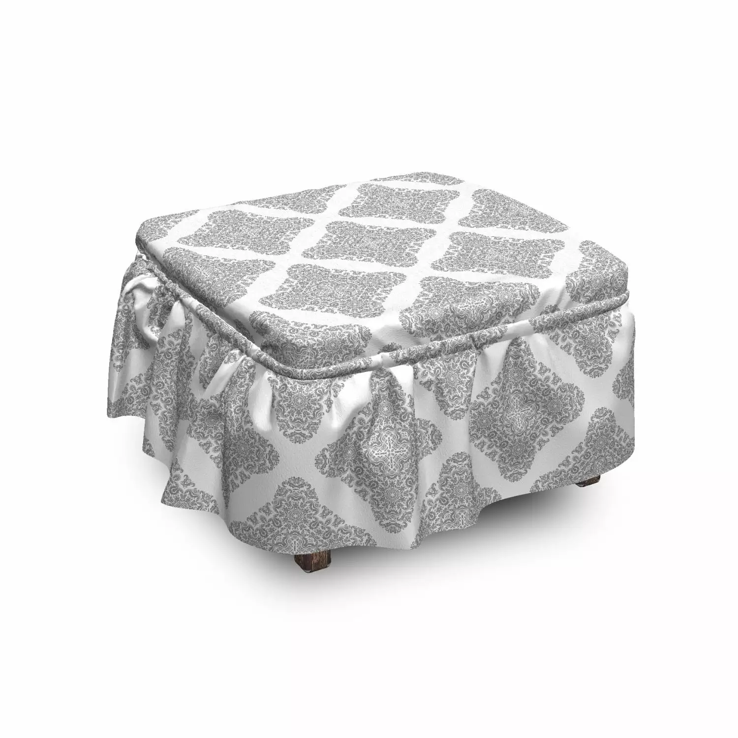 Floral Ottoman Cover Modernized Damask Motifs 2 Piece Slipcover Set White and Dimgray Ottomans Ambesonne