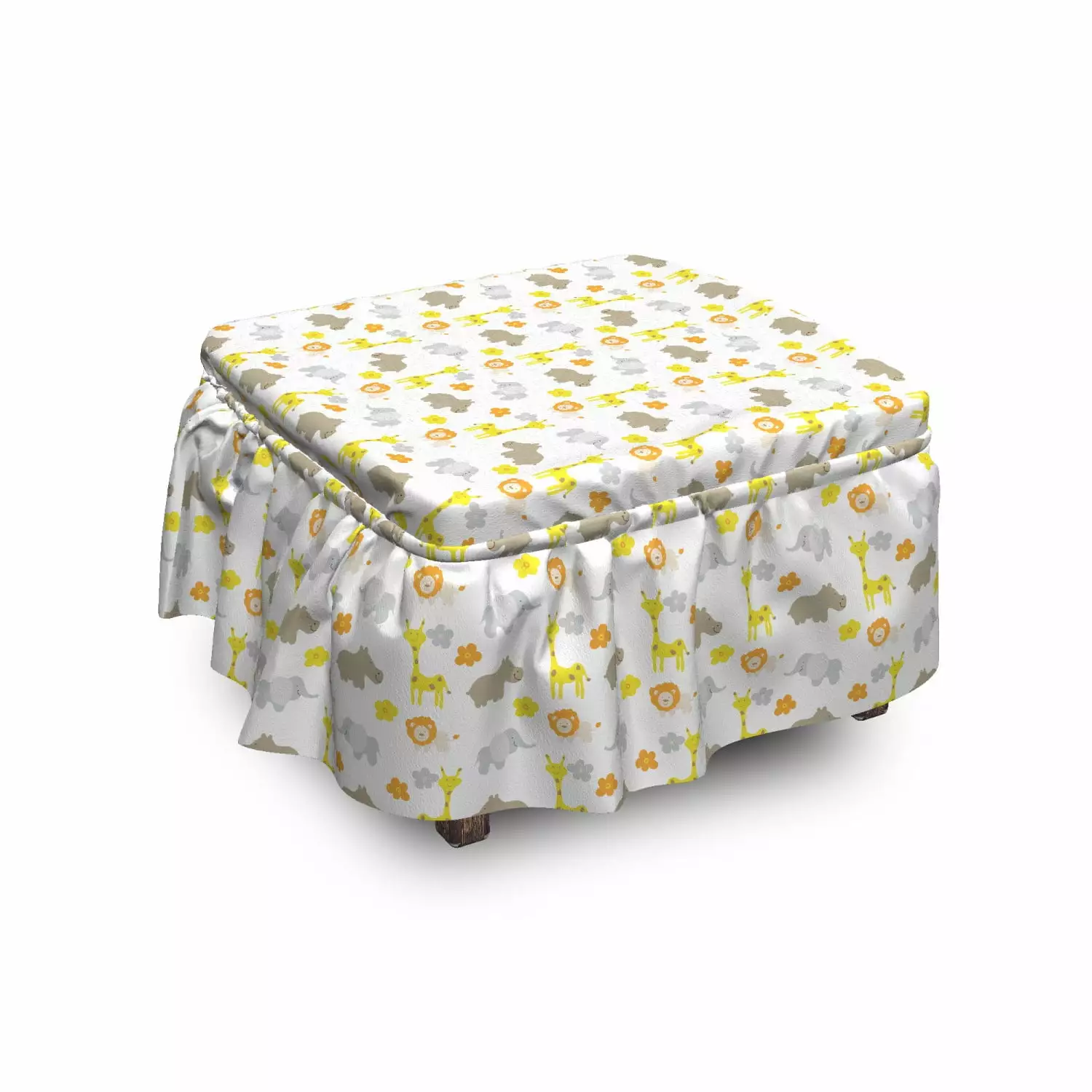 Nursery Ottoman Cover Baby Jungle Animals 2 Piece Slipcover Set Ruffle Skirt Square Round Cube Footstool Ottomans Ambesonne