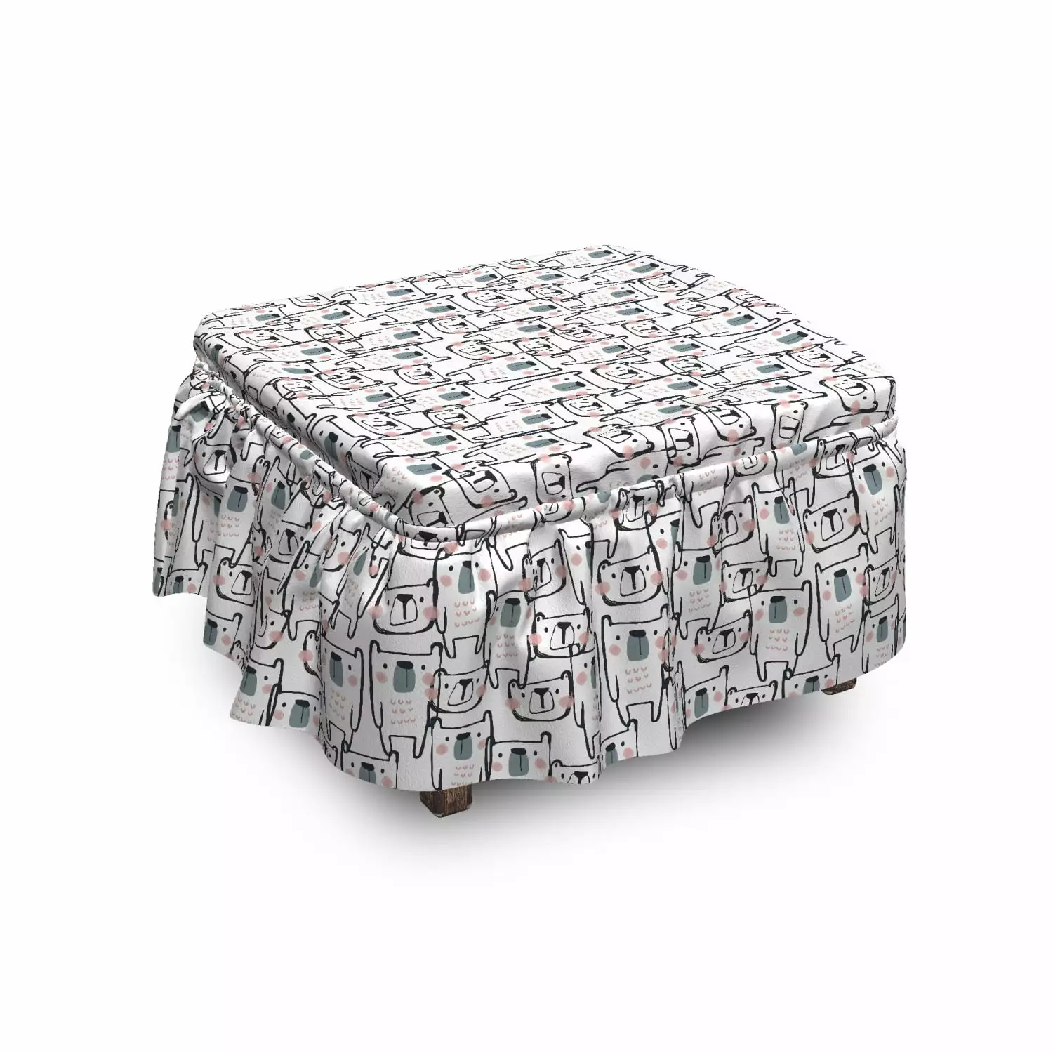 Nursery Ottoman Cover Childish Bear Animal 2 Piece Slipcover Set Ruffle Skirt Square Round Cube Footstool Ottomans Ambesonne