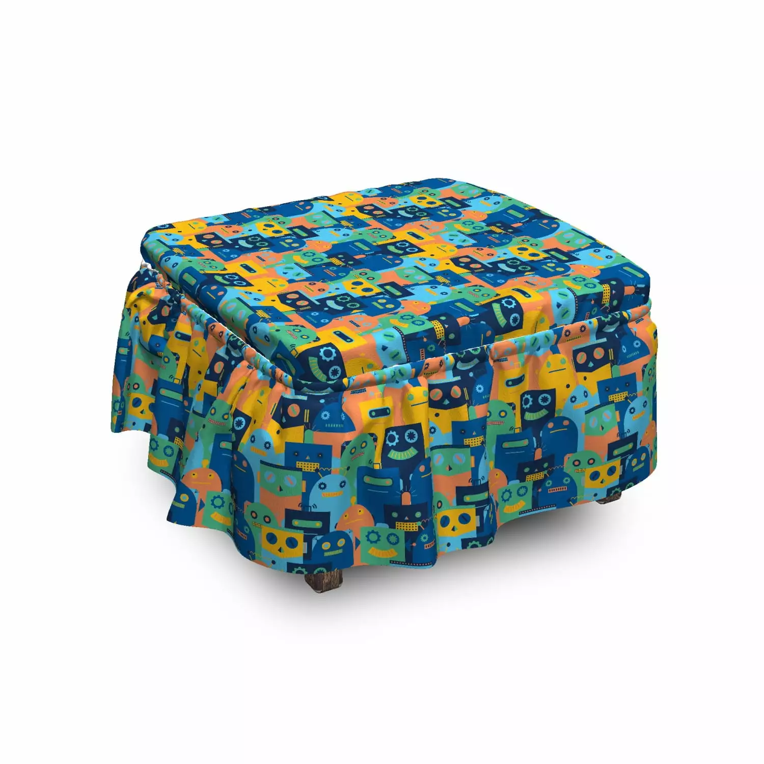 Nursery Ottoman Cover Space Fiction Robots Art 2 Piece Slipcover Set Ruffle Skirt Square Round Cube Footstool Ottomans Amb...