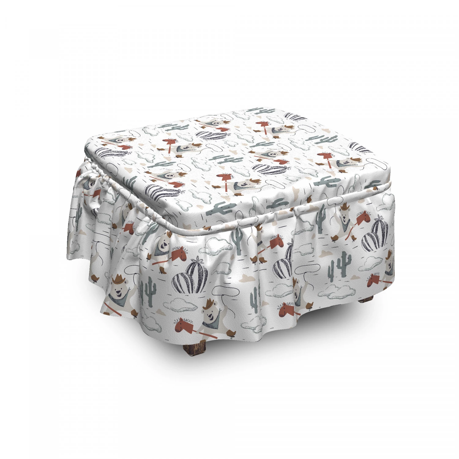 Nursery Ottoman Cover Wild West Cowboy Bear 2 Piece Slipcover Set Ruffle Skirt Square Round Cube Footstool Ottomans Ambesonne