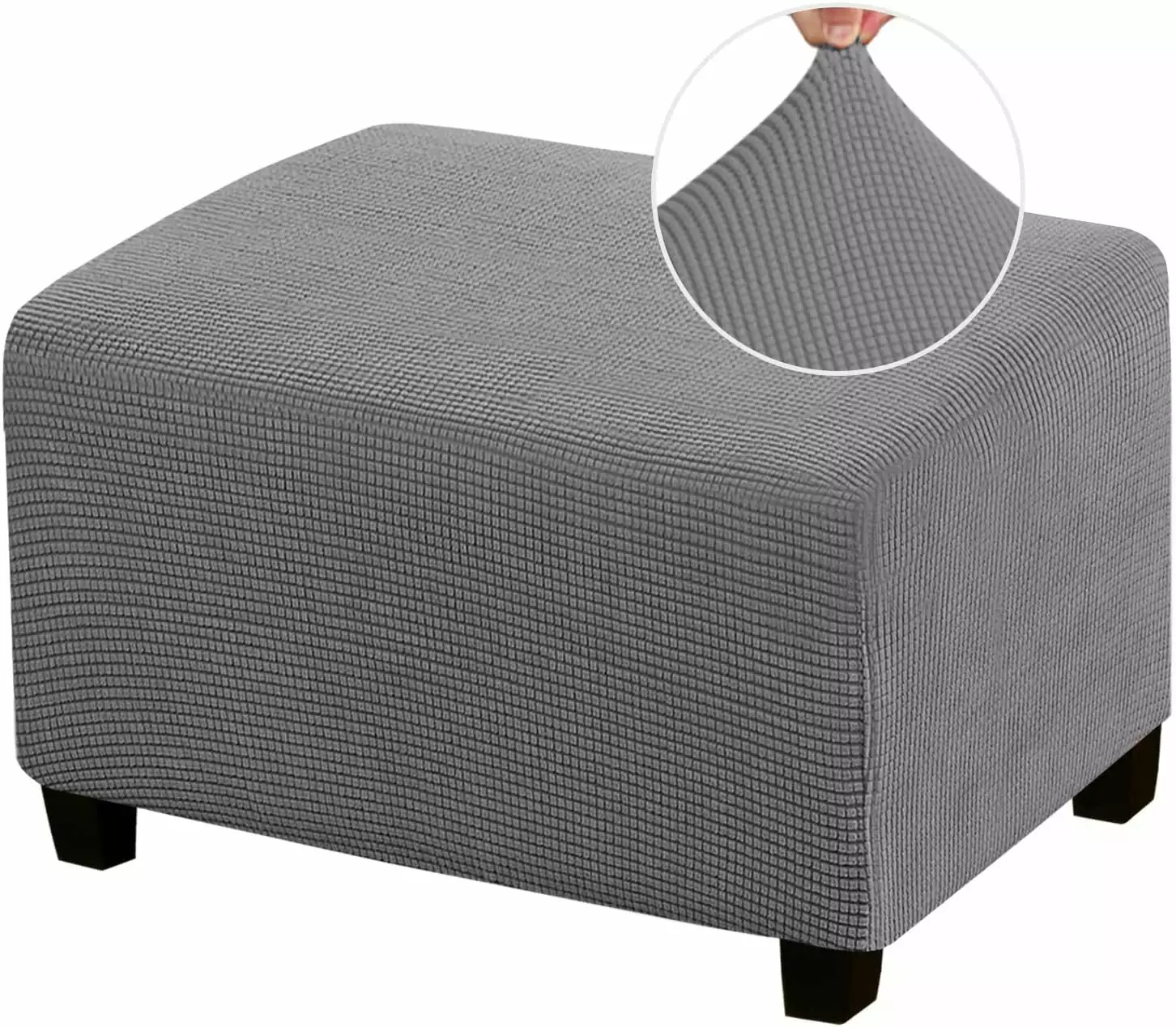 Stretch Ottoman Cover Rectangle Living Room Foot Stool - Thick Checked Jacquard Fabric Elastic Bottom - Large Size Grey Ot...