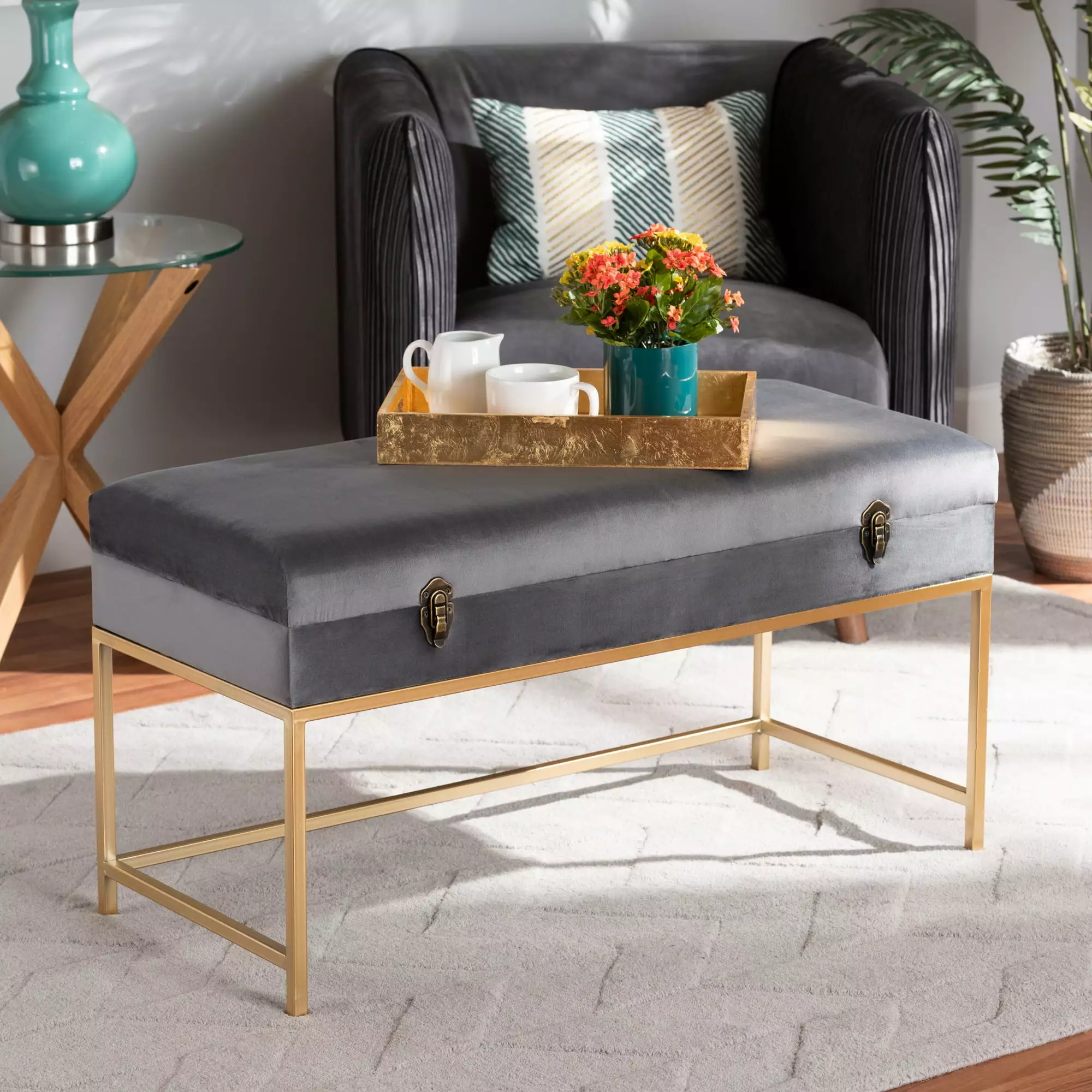 Baxton Studio Aliana Glam and Luxe Grey Velvet Fabric Upholstered Ottoman Gold Metal Finish Ottomans