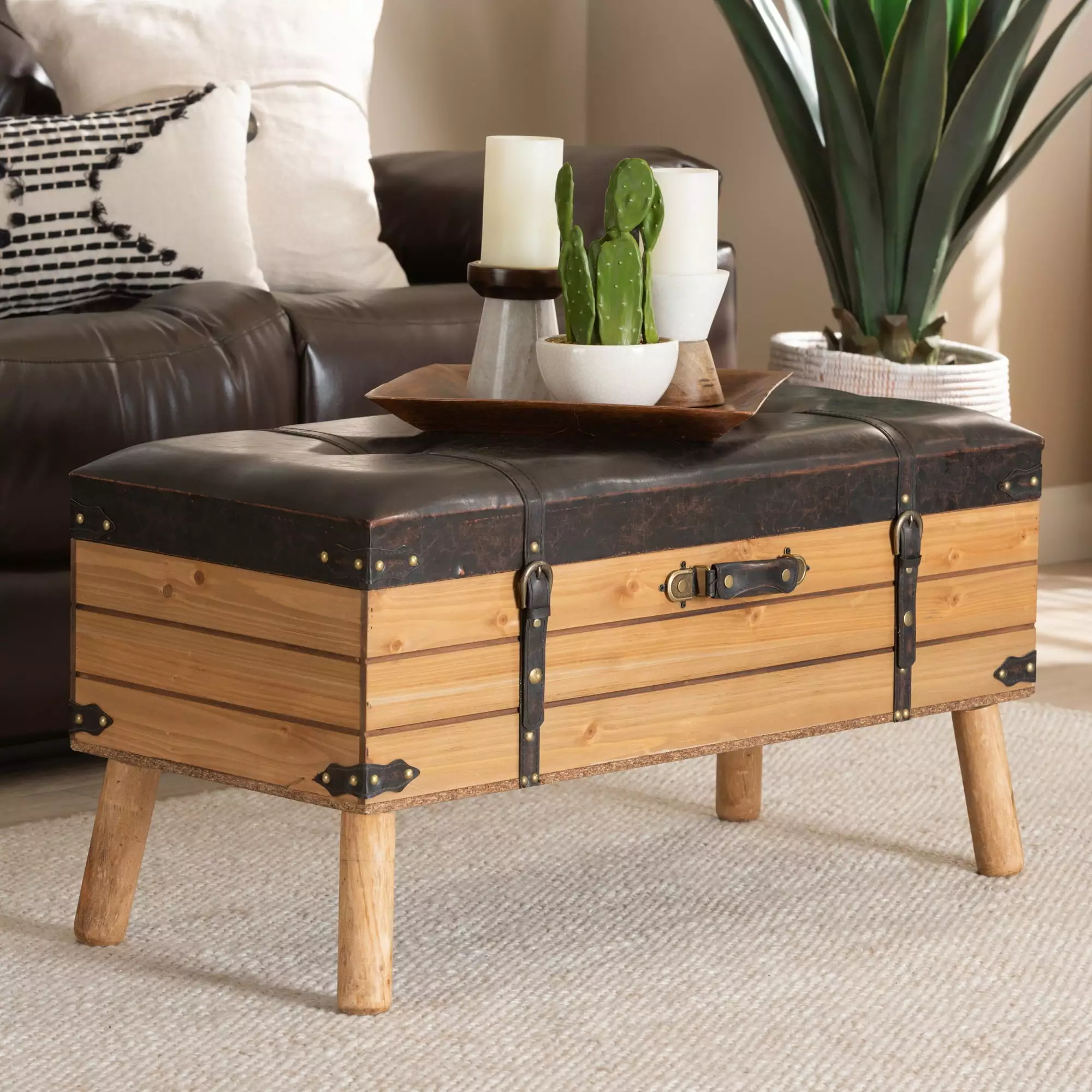 Baxton Studio Amena Rustic Transitional Dark Brown PU Leather Storage Ottoman Oak Finish Ottomans