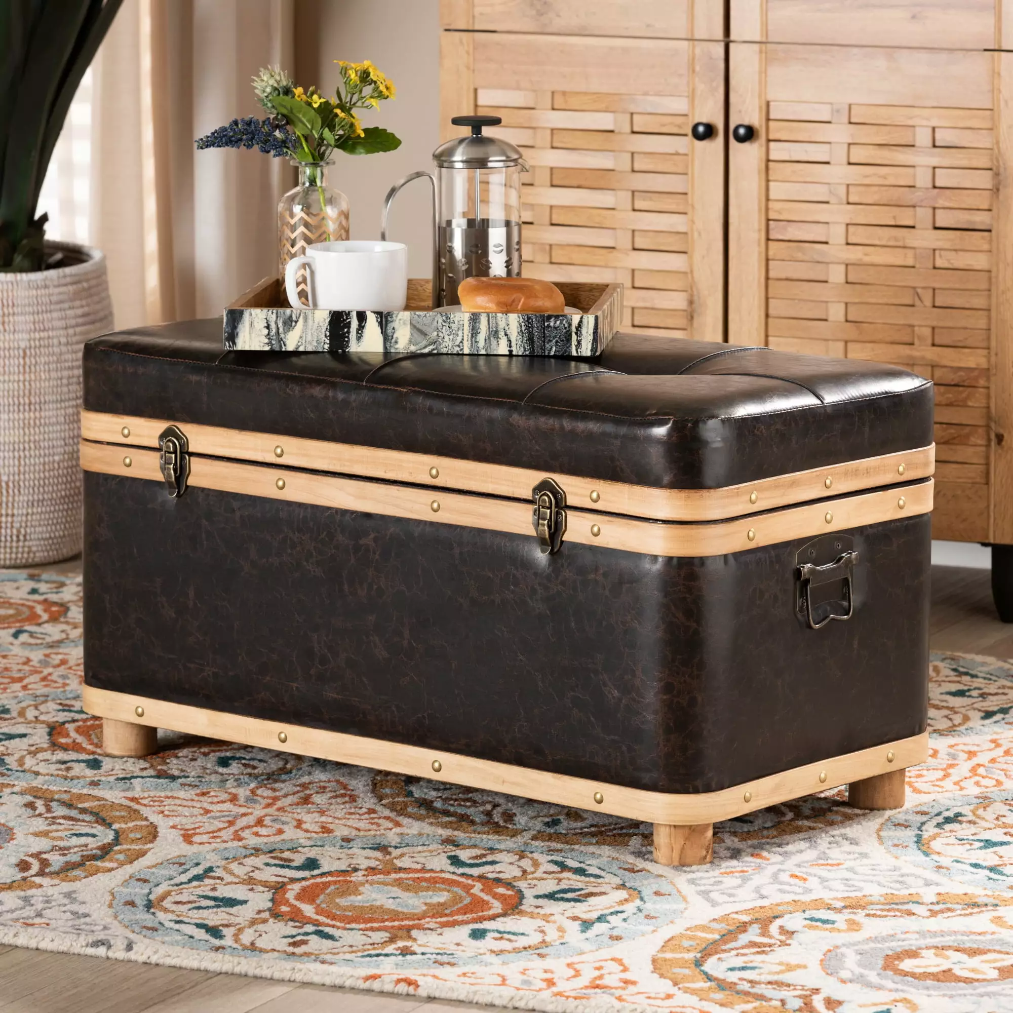 Baxton Studio Gendry Modern Rustic Transitional Dark Brown Faux Leather Storage Ottoman Ottomans