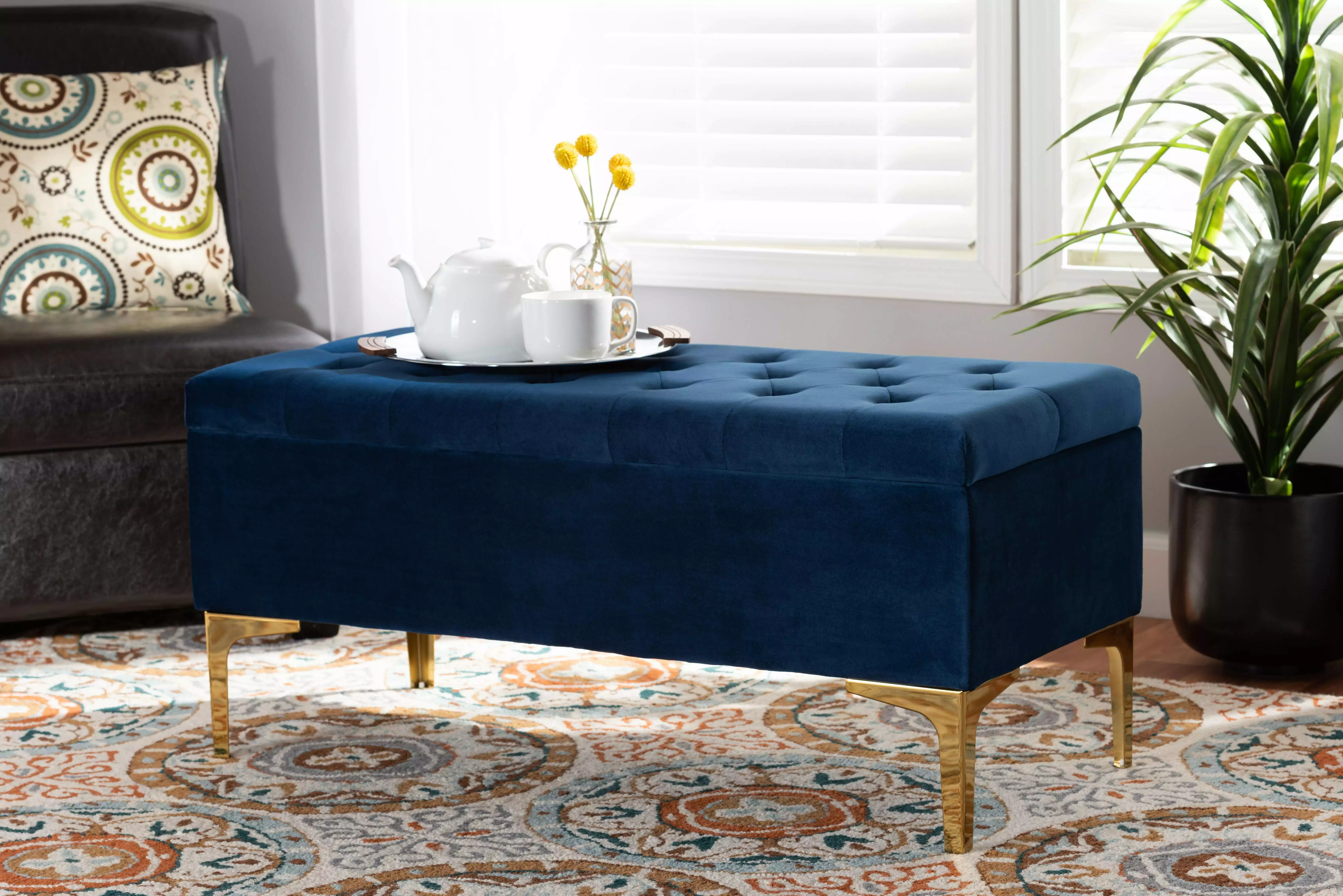 Baxton Studio Valere Navy Blue Velvet Fabric Upholstered Gold Finished Button Tufted Storage Ottoman Ottomans