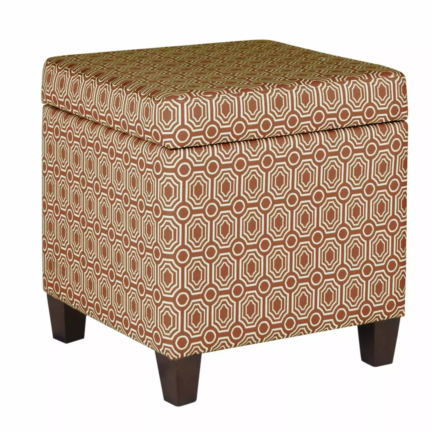 Benzara Geometric Patterned Square Wooden Ottoman Lift Off Lid Storage Orange and Cream Ottomans