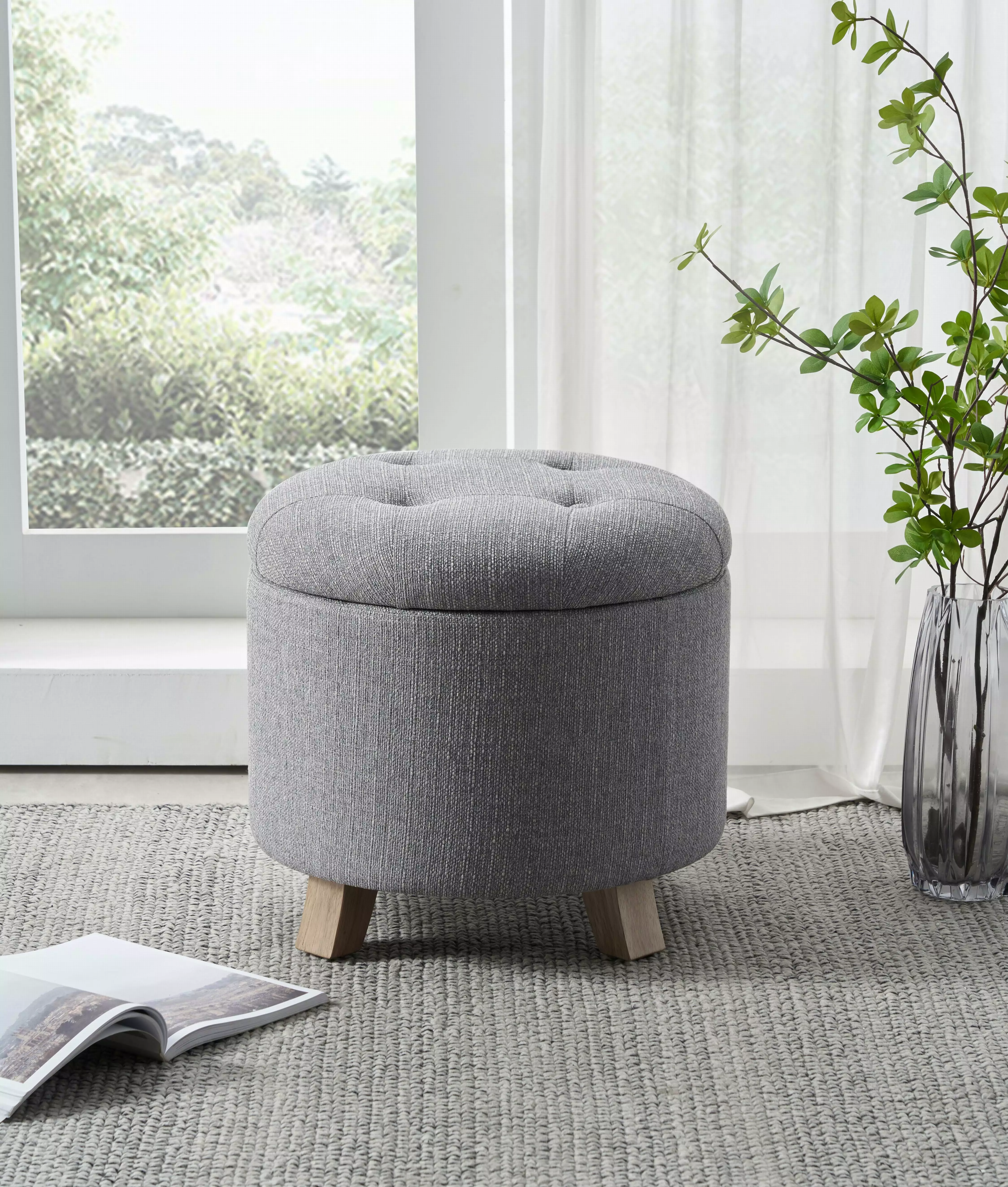 Better Homes & Gardens Gray Faux Linen Round Tufted Storage Ottoman Ottomans