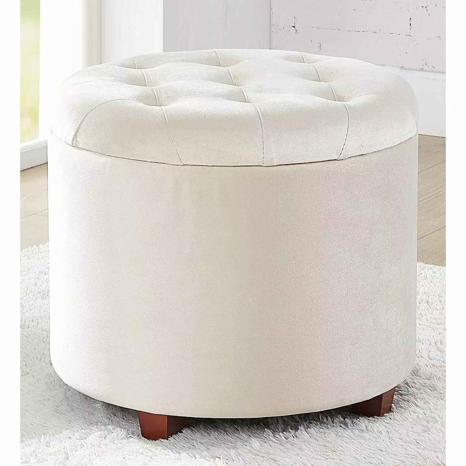 Bilot Donovan Tufted Round Storage Ottoman Removable Lid Cream Velvet Ottomans