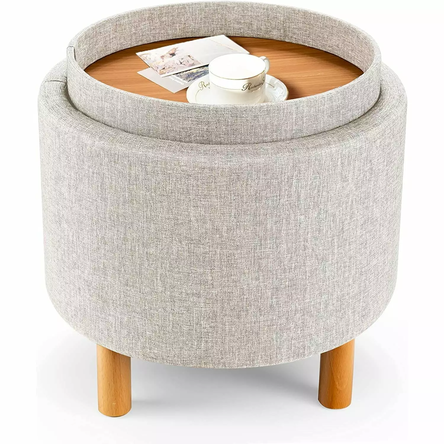 HomeRoots 17 Light Khaki Linen And Black Tufted Storage Ottoman Ottomans Bilot