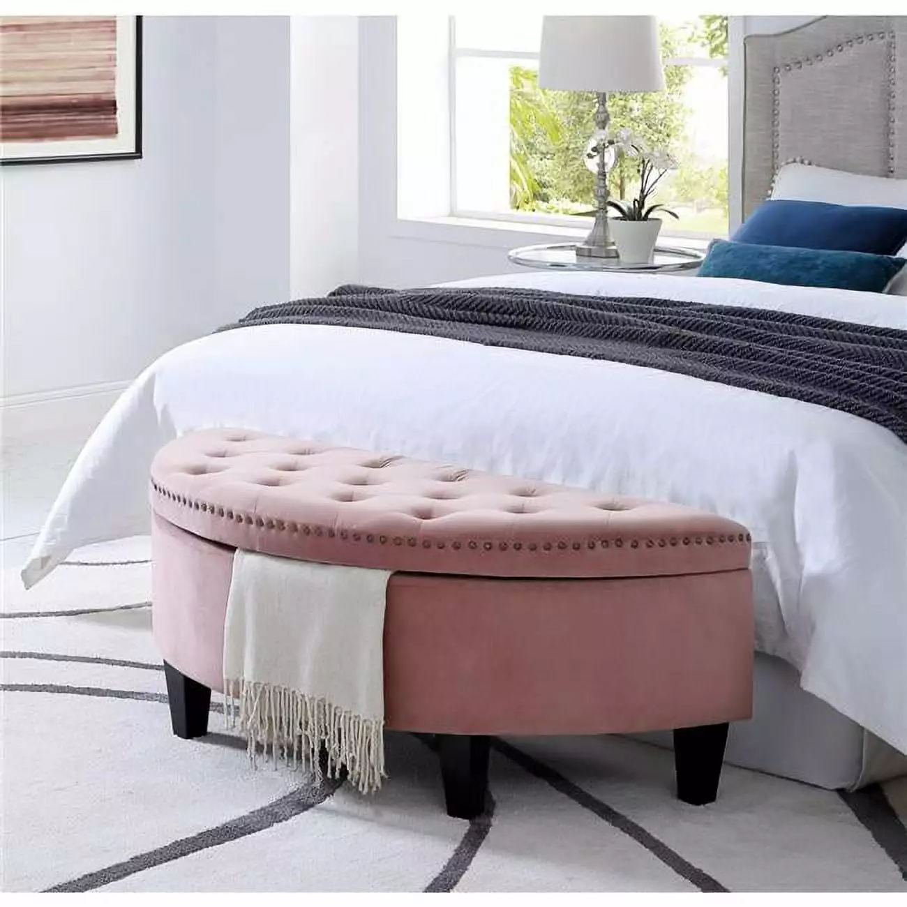 Nathan Velvet Tufted Gold Nailhead Trim Half Moon Storage Ottoman Blush Ottomans ComfortCorrect