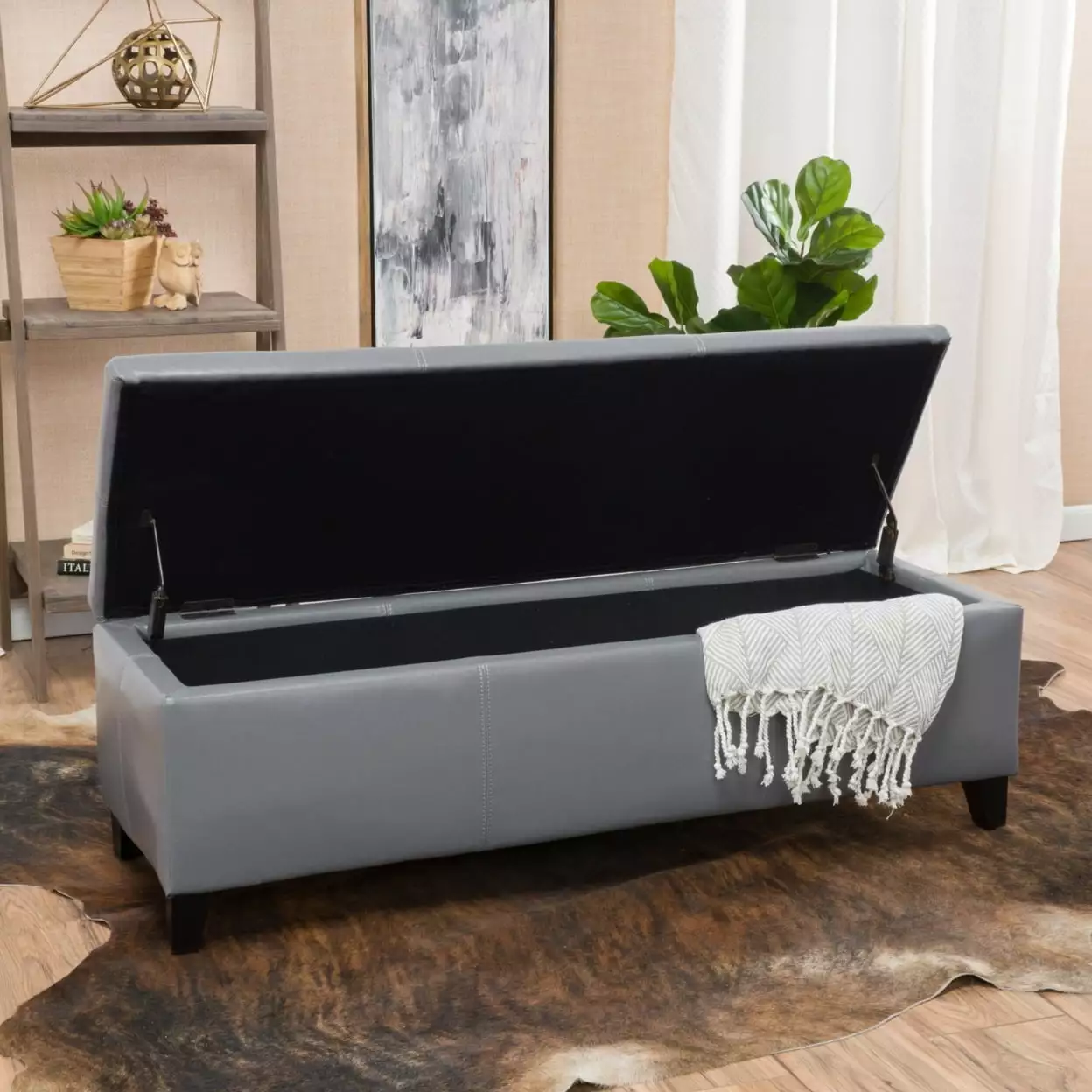 Skyler Grey Leather Storage Ottoman Bench Living Room or Bedroom Ottomans GDFSTUDIO