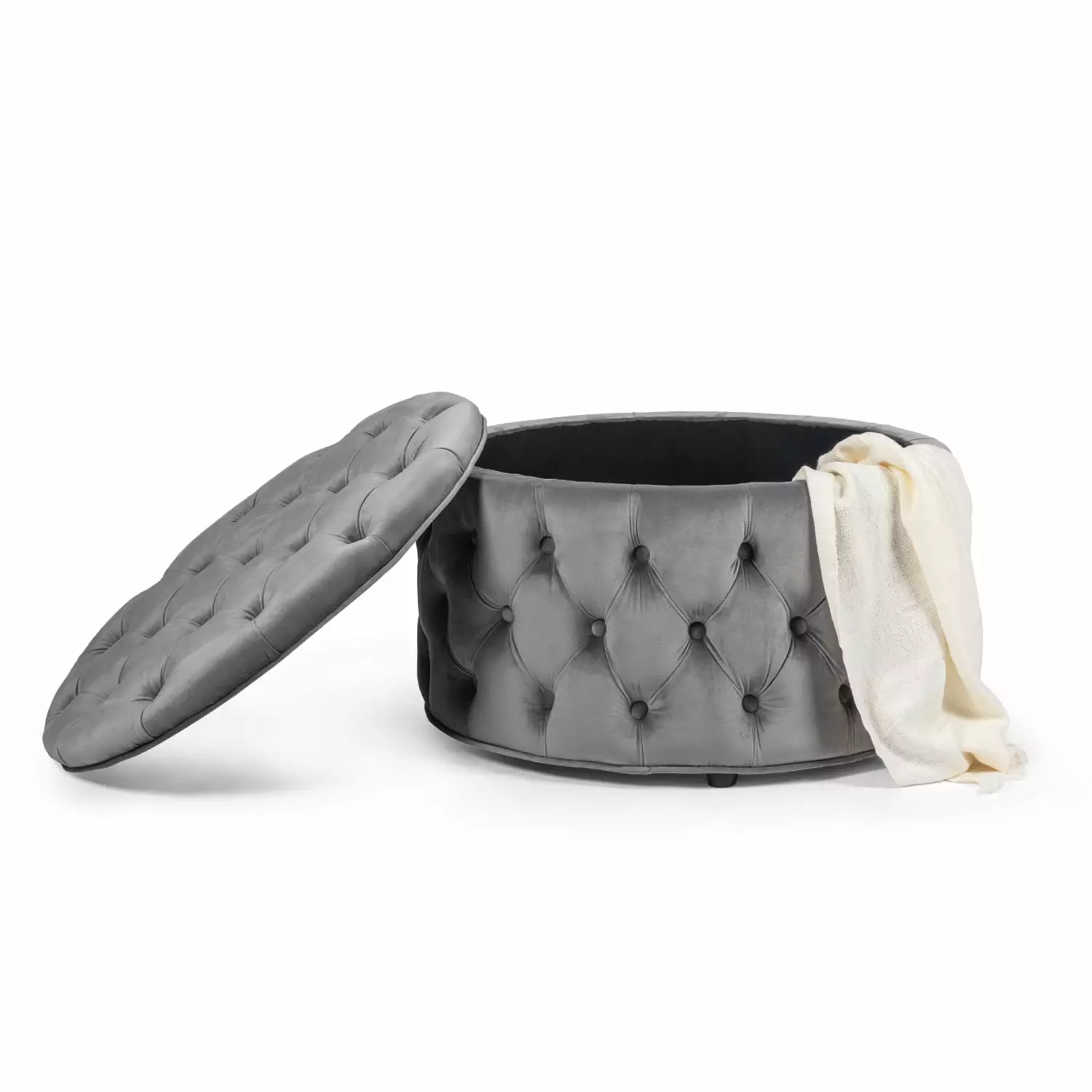 Homebeez Round Storage Ottoman Button Tufted Footrest Stool Gray - Perfect Kids Ottomans