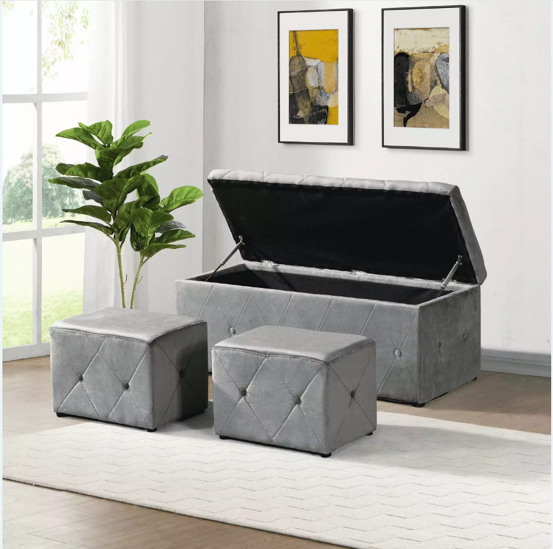 Rectangular Storage Ottoman Bench Short Velvet 2 Ottomans Set Entryway or Living Room Ottomans HPKRSTEARL