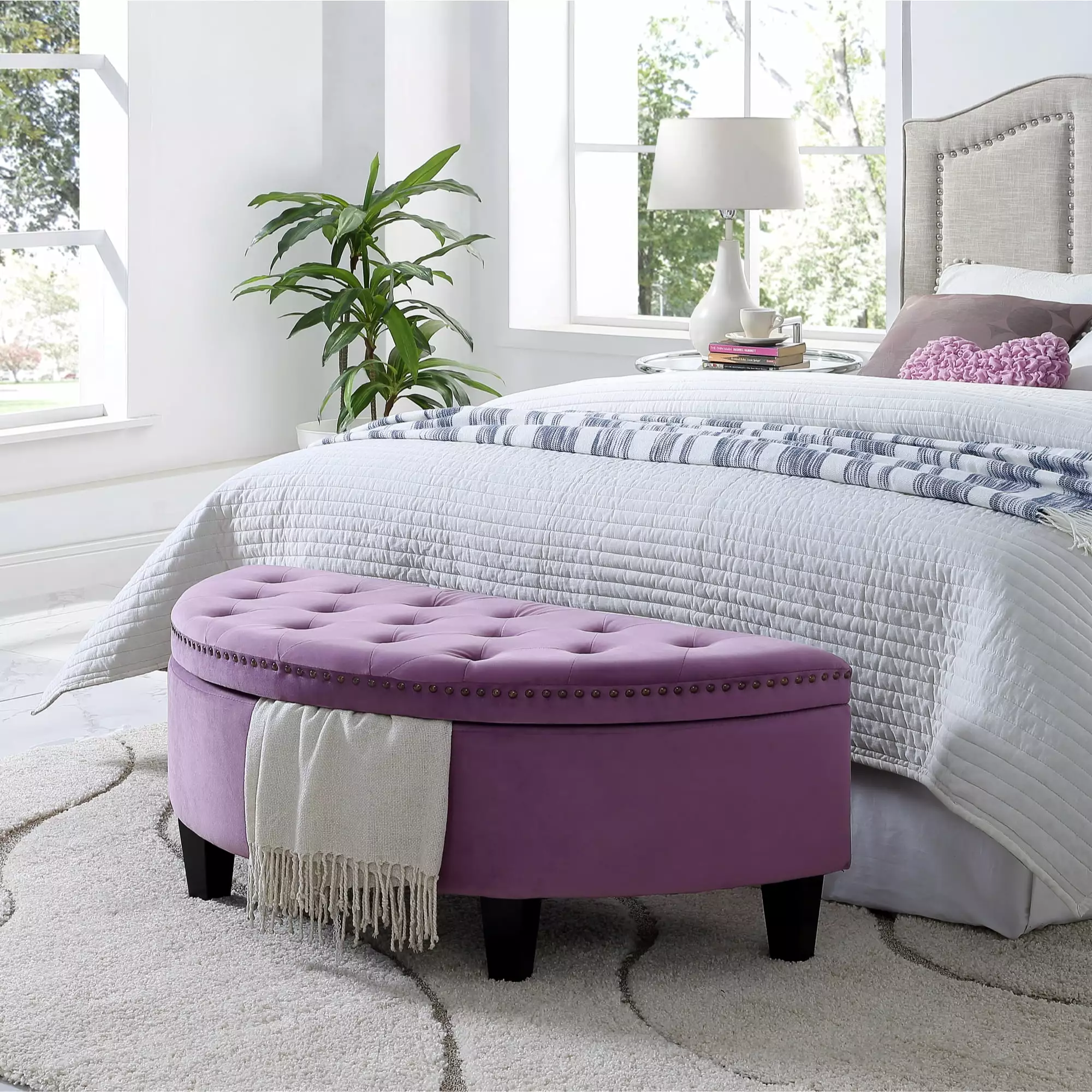 Inspired Home Linda Velvet Storage Ottoman Half Moon Tufted Nailhead Mauve Ottomans