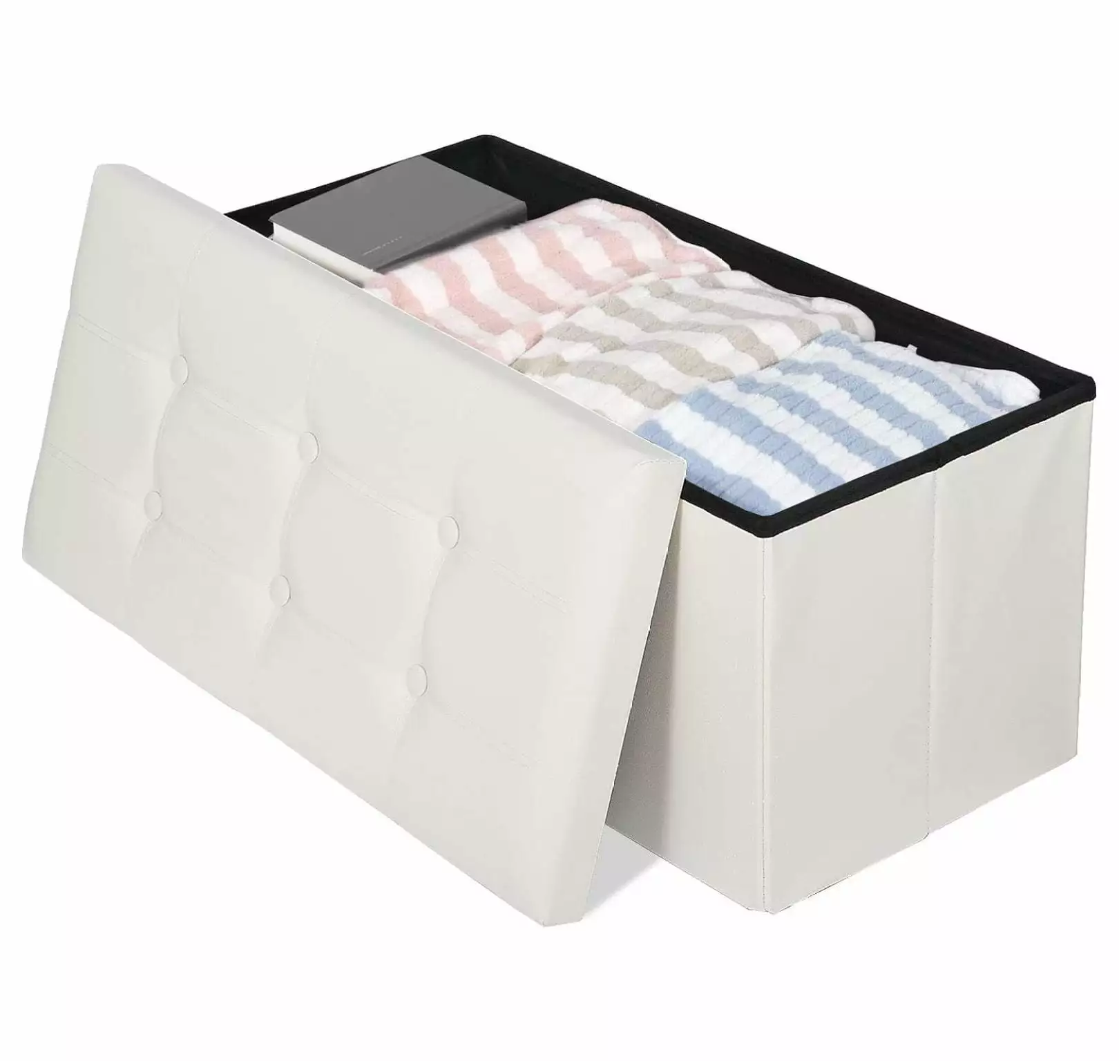 30 Inches Folding Storage Ottoman Bench Tray Faux Leather Long Storage Chest Beige Ottomans LeCeleBee