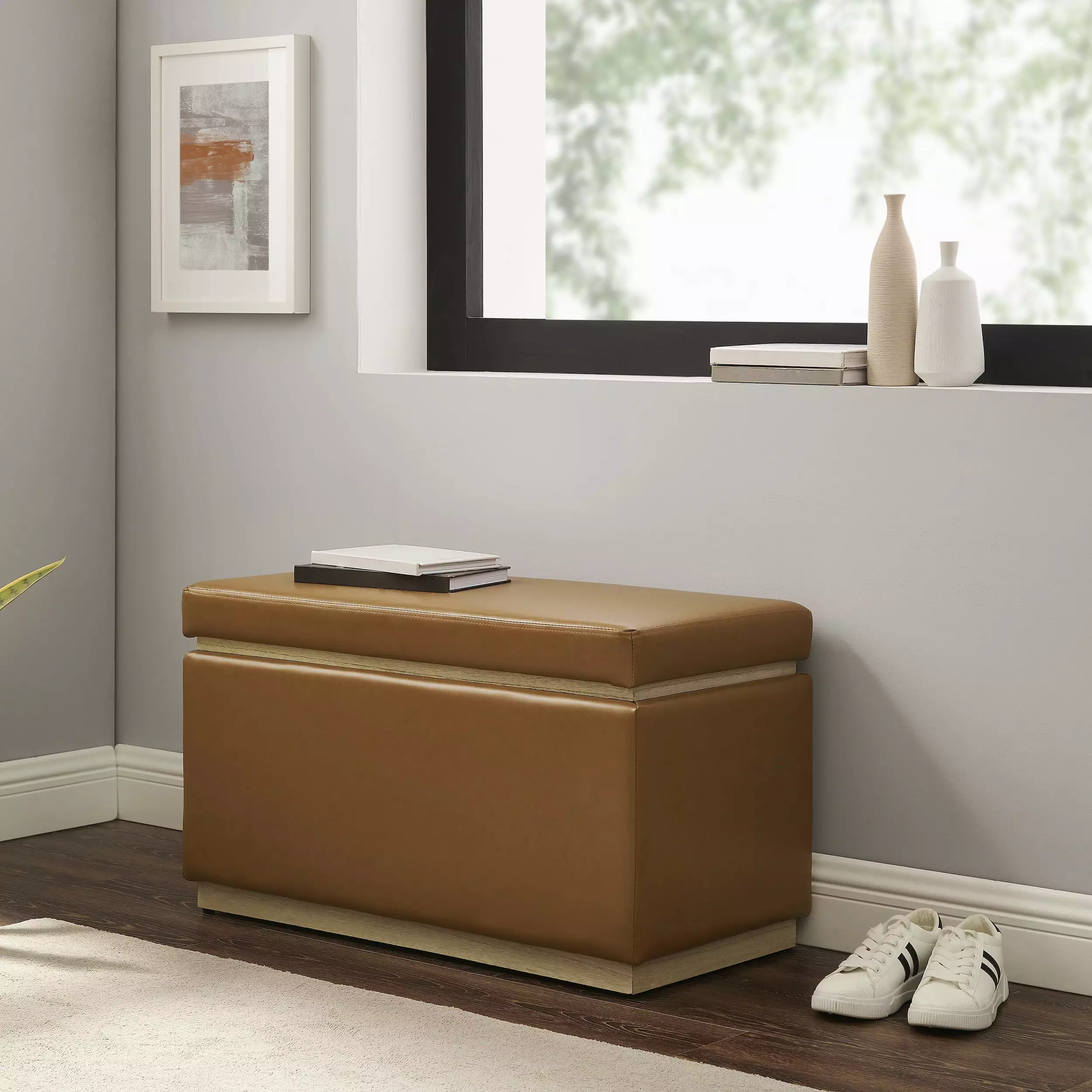 Linon Elta Rectangle Storage Ottoman Caramel Faux Leather - Stylish Footrest Storage Ottomans