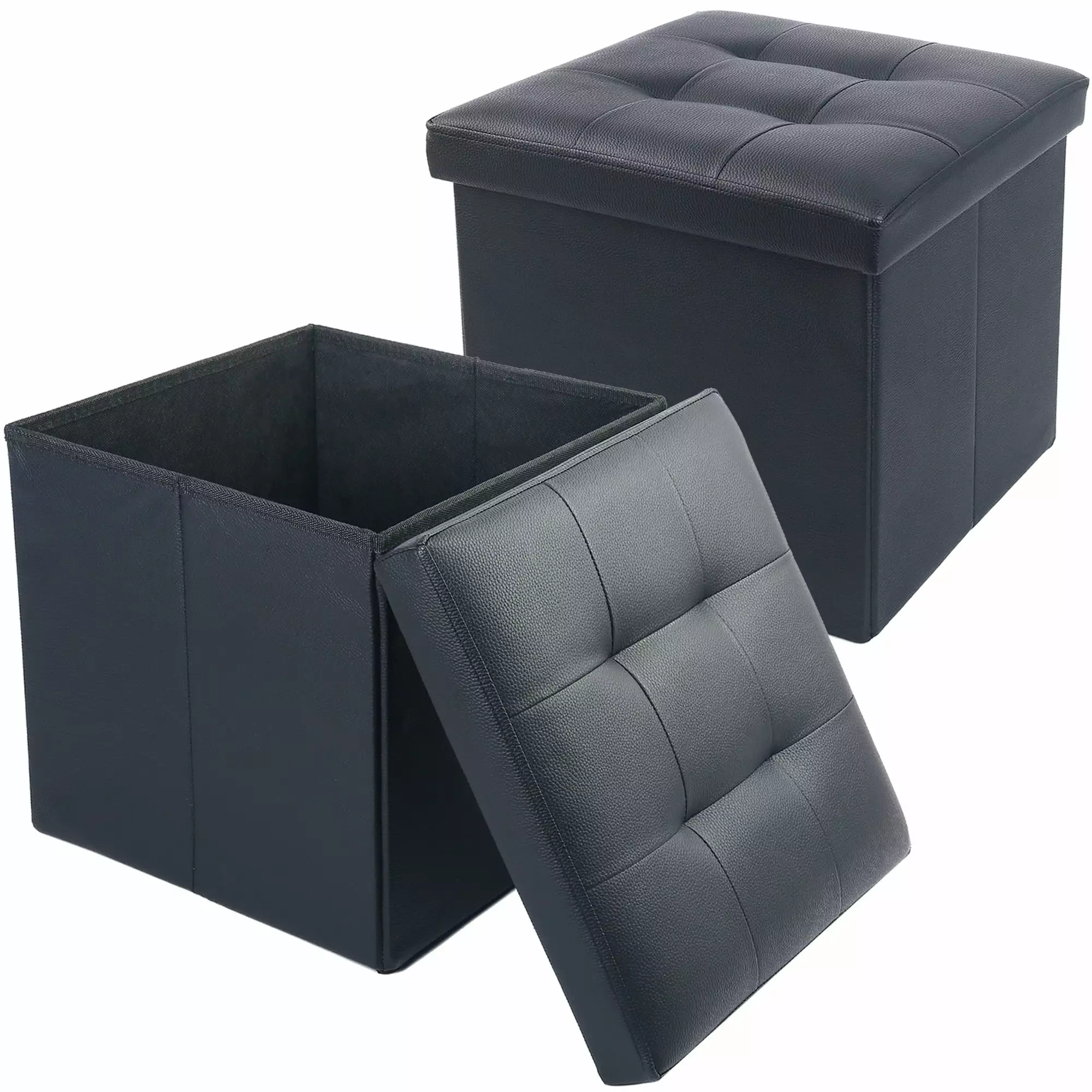 LotFancy 2 Pack Black Faux Leather Storage Ottoman Cube Lid 13x12x12 Inches Ottomans