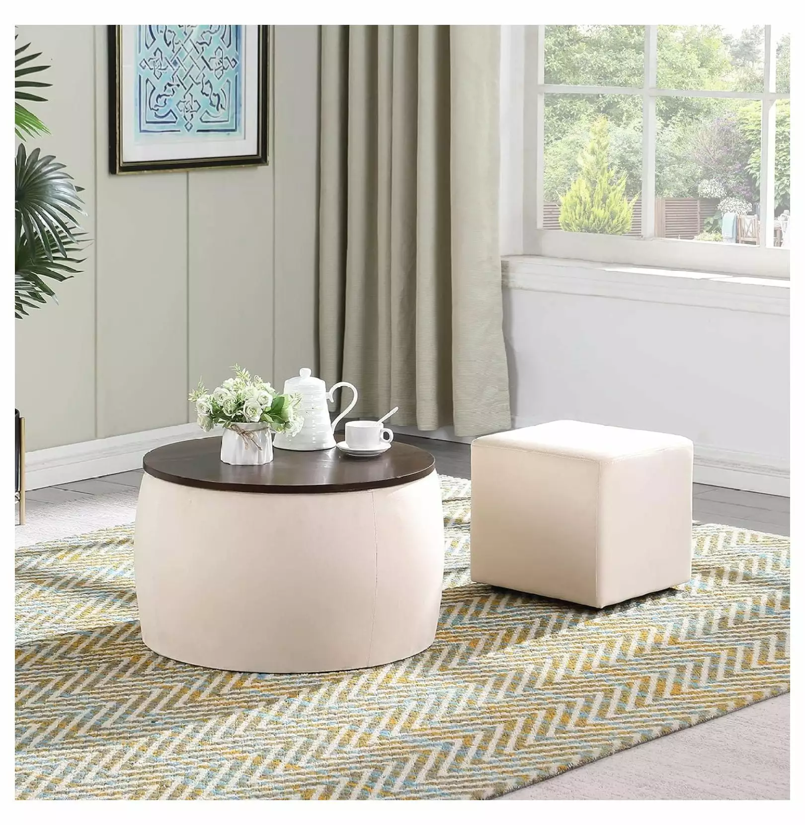 Round Ottoman Storage Set Coffee Table and Square Foot Rest Footstool White Ottomans LoWyiL