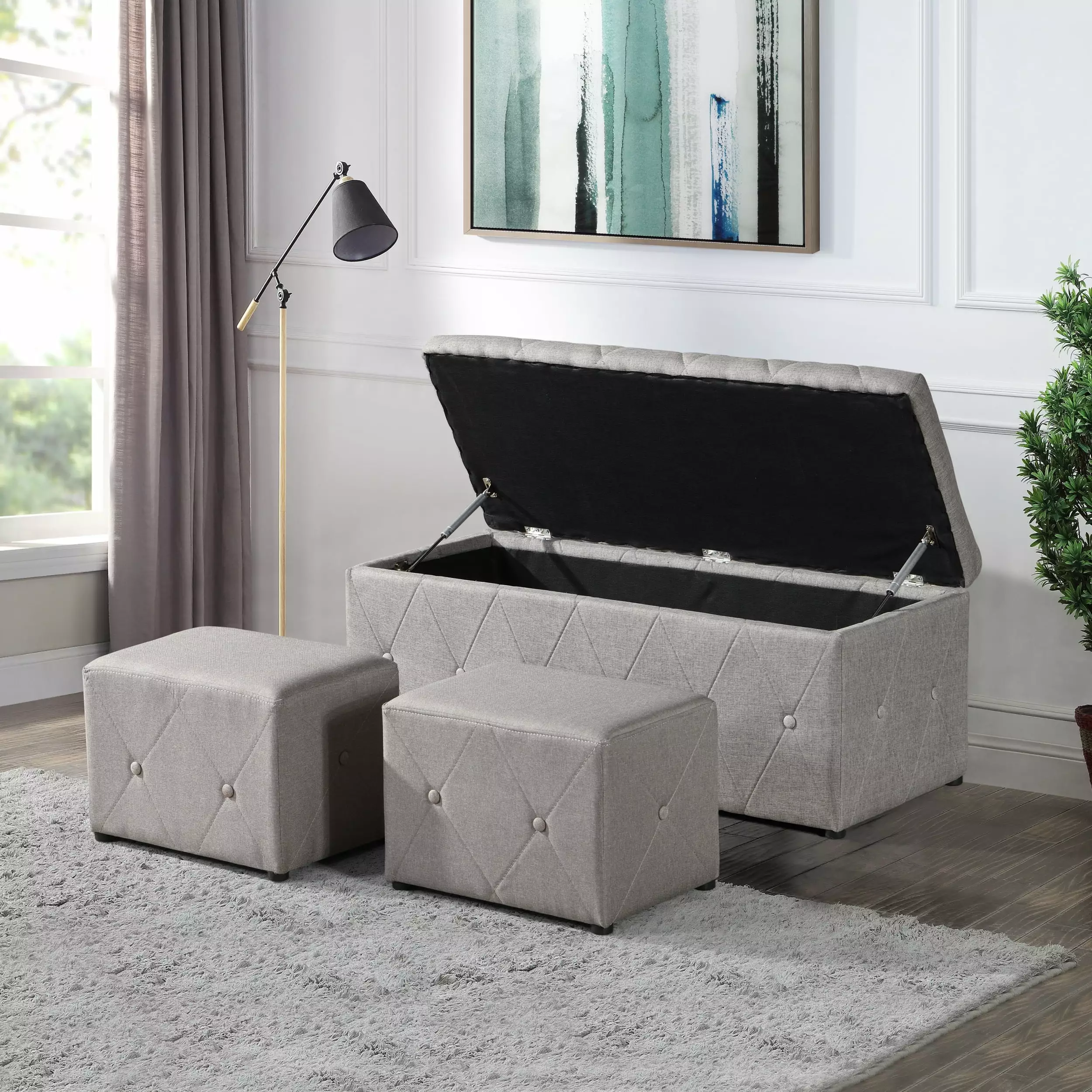 1 Piece Rectangular Storage Ottoman Bench Beige Linen 2 Ottomans Set Ottomans Miekor