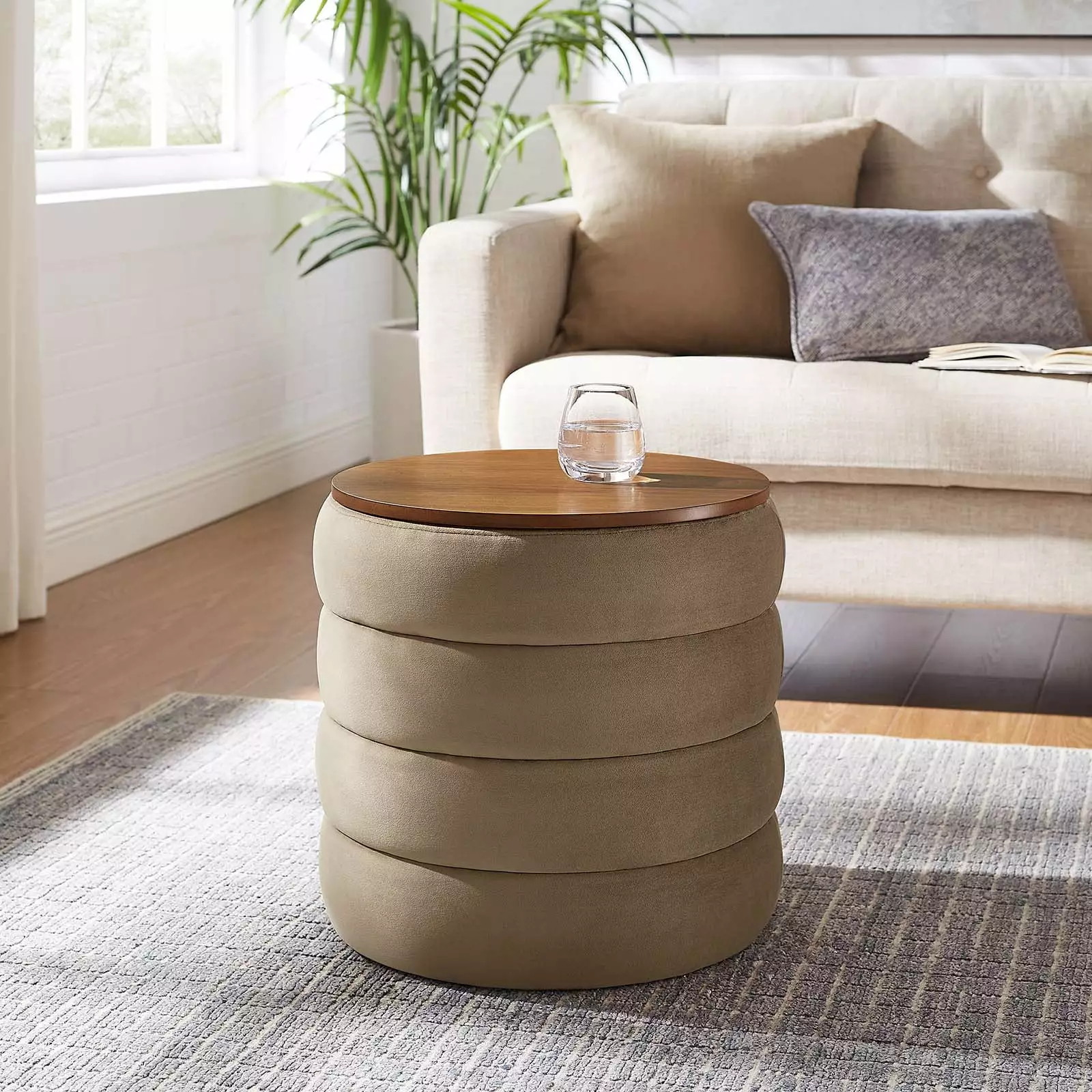 Modway Mezzo Round Performance Velvet Storage Ottoman Taupe Ottomans