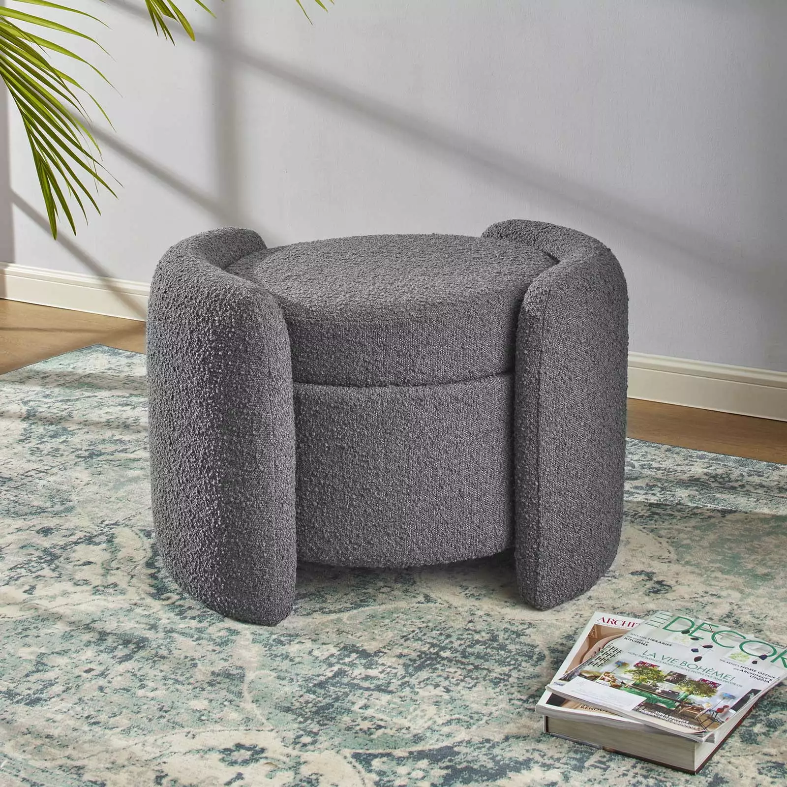 Modway Nebula Boucle Upholstered Ottoman Charcoal - Modern Footstool Living Room Ottomans