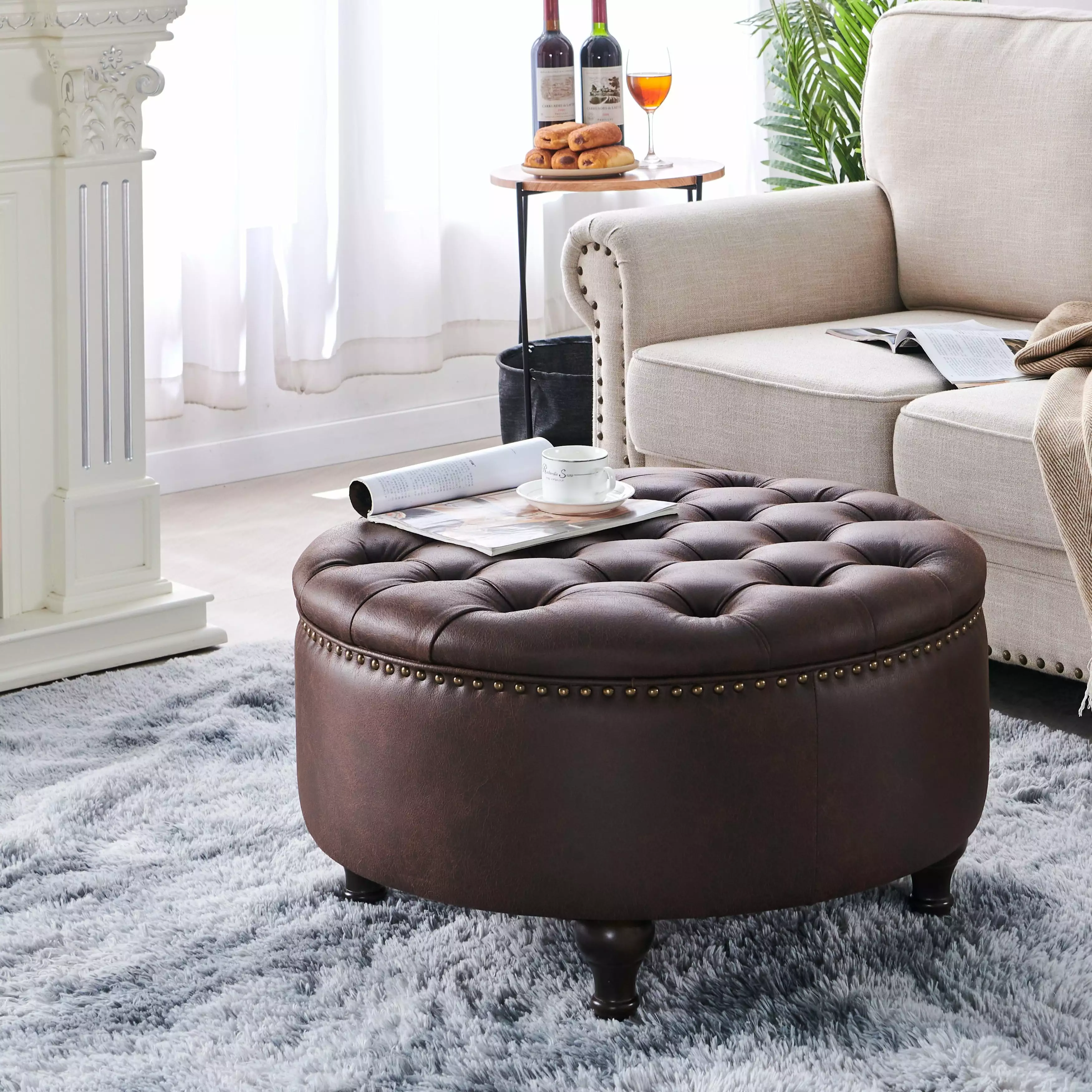 Nathaniel Home Upholstered 30 Inch Round Storage Ottoman Brown Ottomans
