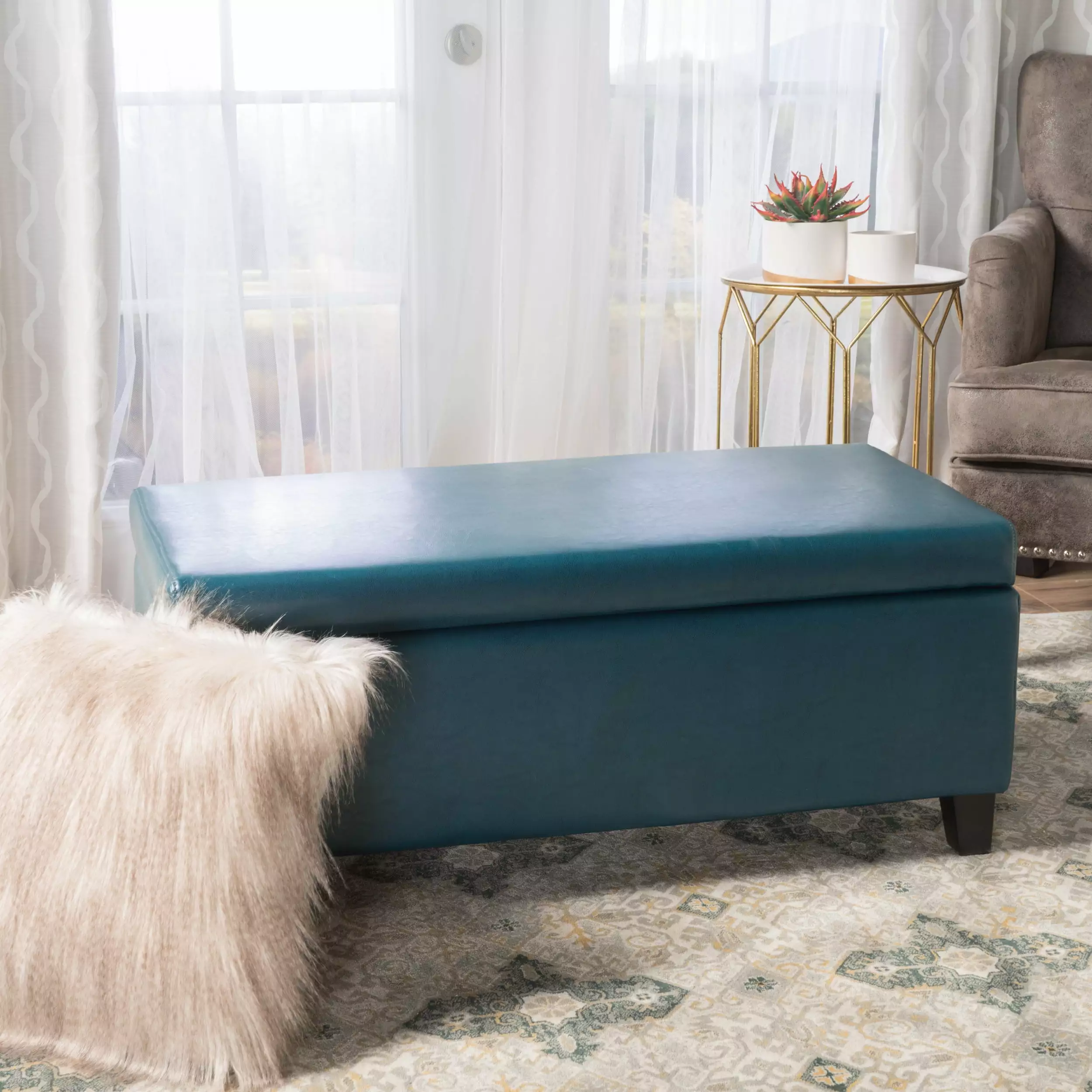 Noble House Caraway Contemporary Upholstered Storage Ottoman Teal - Elegant Living Room Addition Ottomans